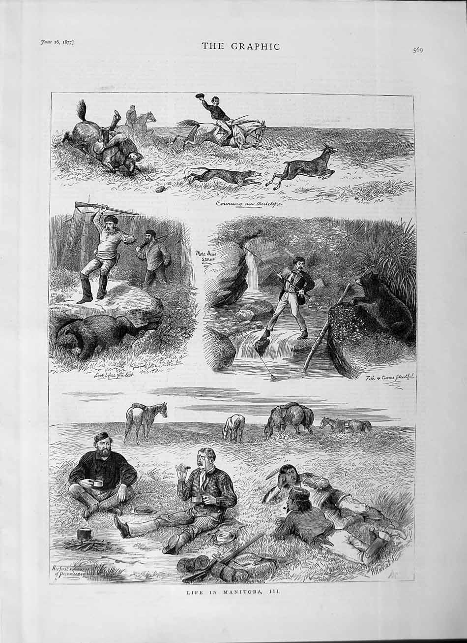 Old Antique Print 1877 Life Manitoba Sport Hunting Fishing Horses River 19th