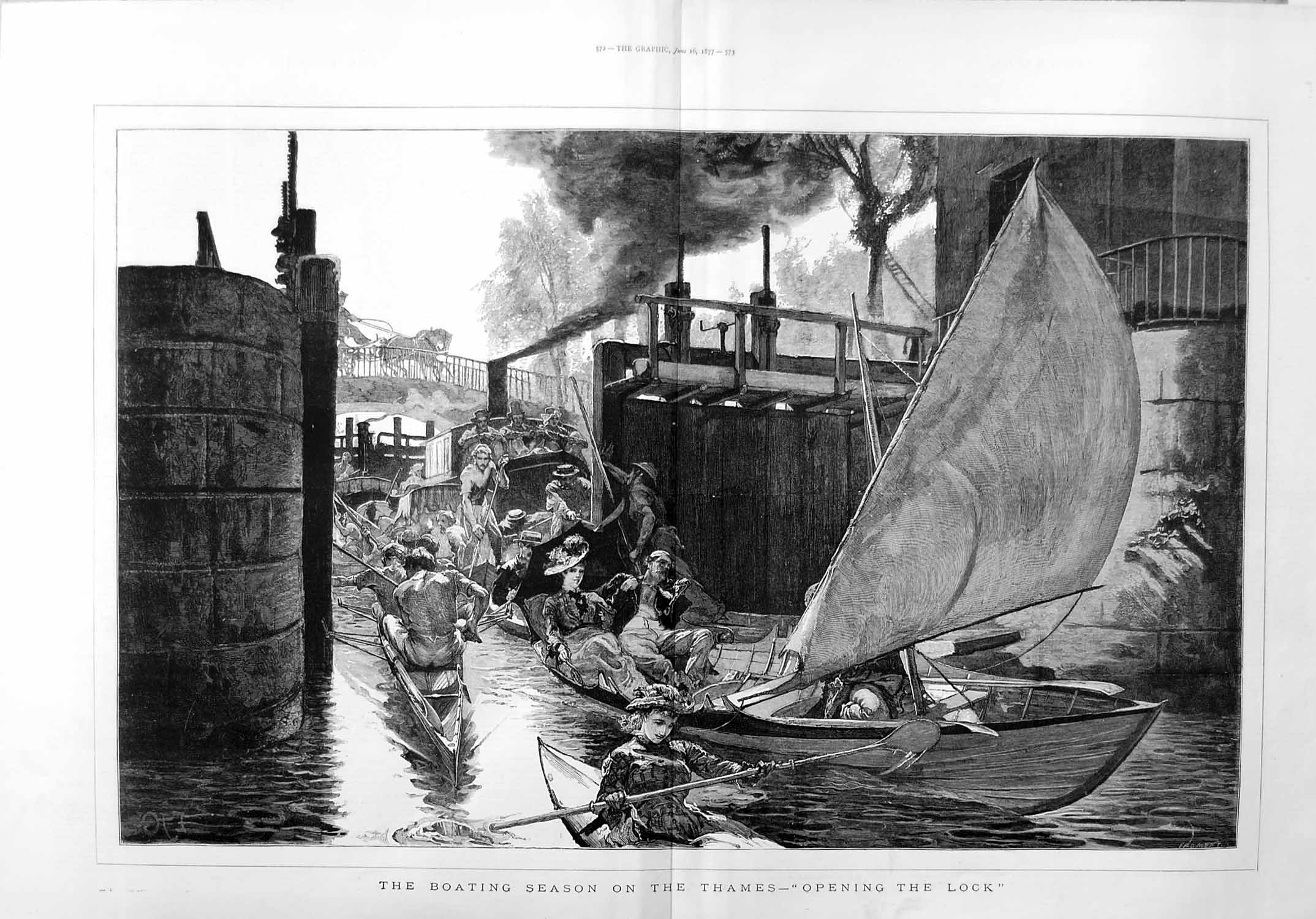 Old Antique Print 1877 Boating Season River Thames London Lock Fine Art 19th
