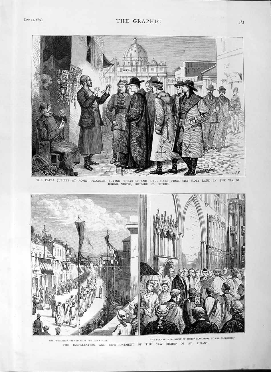Old Antique Print 1877 Papal Jubilee Rome Pilgrim Bishop Claughton Albans 19th