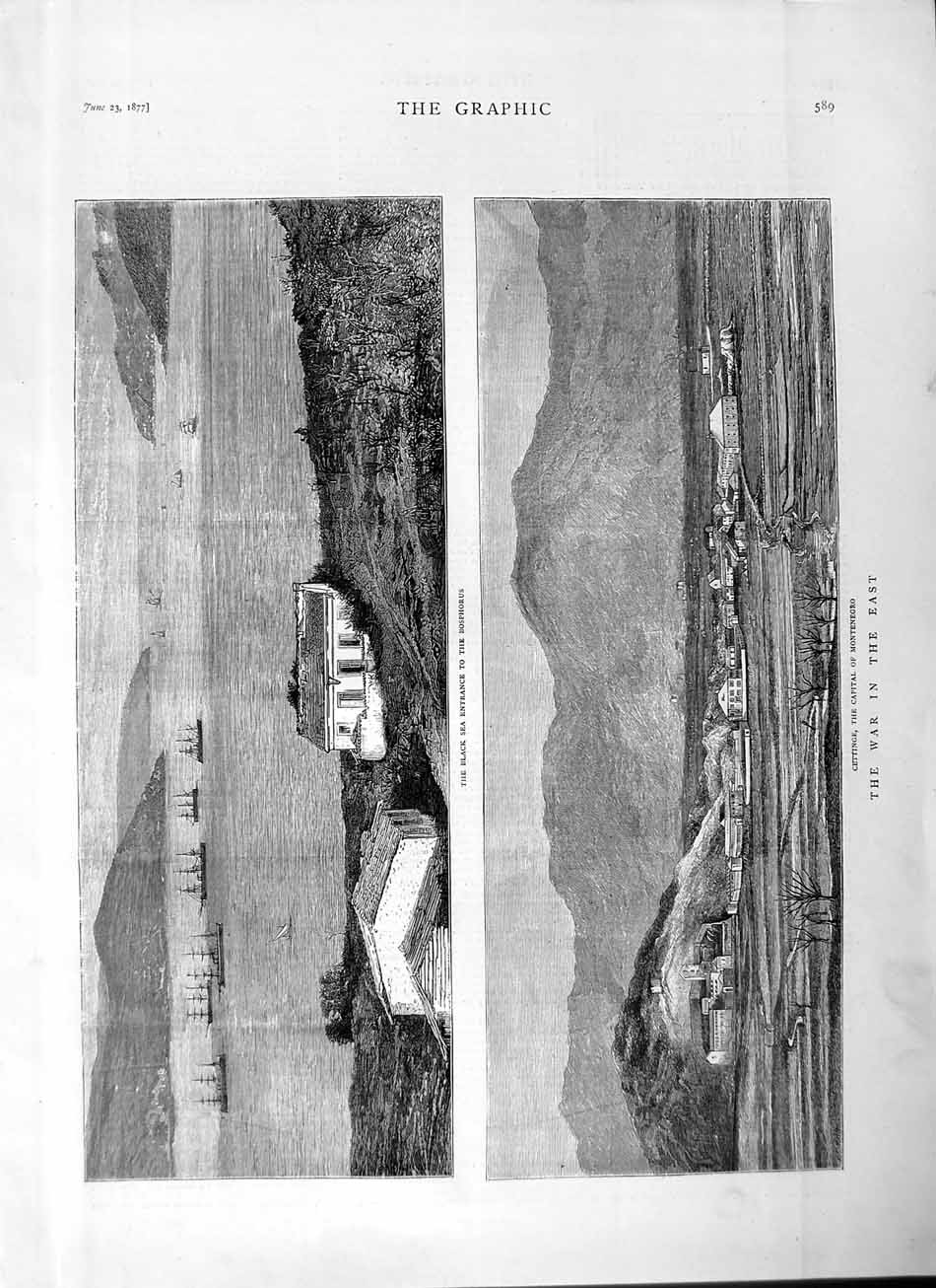 Original Old Antique Print 1877 War Black Sea Bosphorus Cettinge Montenegro