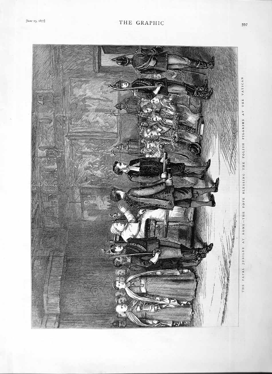 Original Old Antique Print 1877 Papal Jubilee Rome Pope Pilgrims Vatican Italy