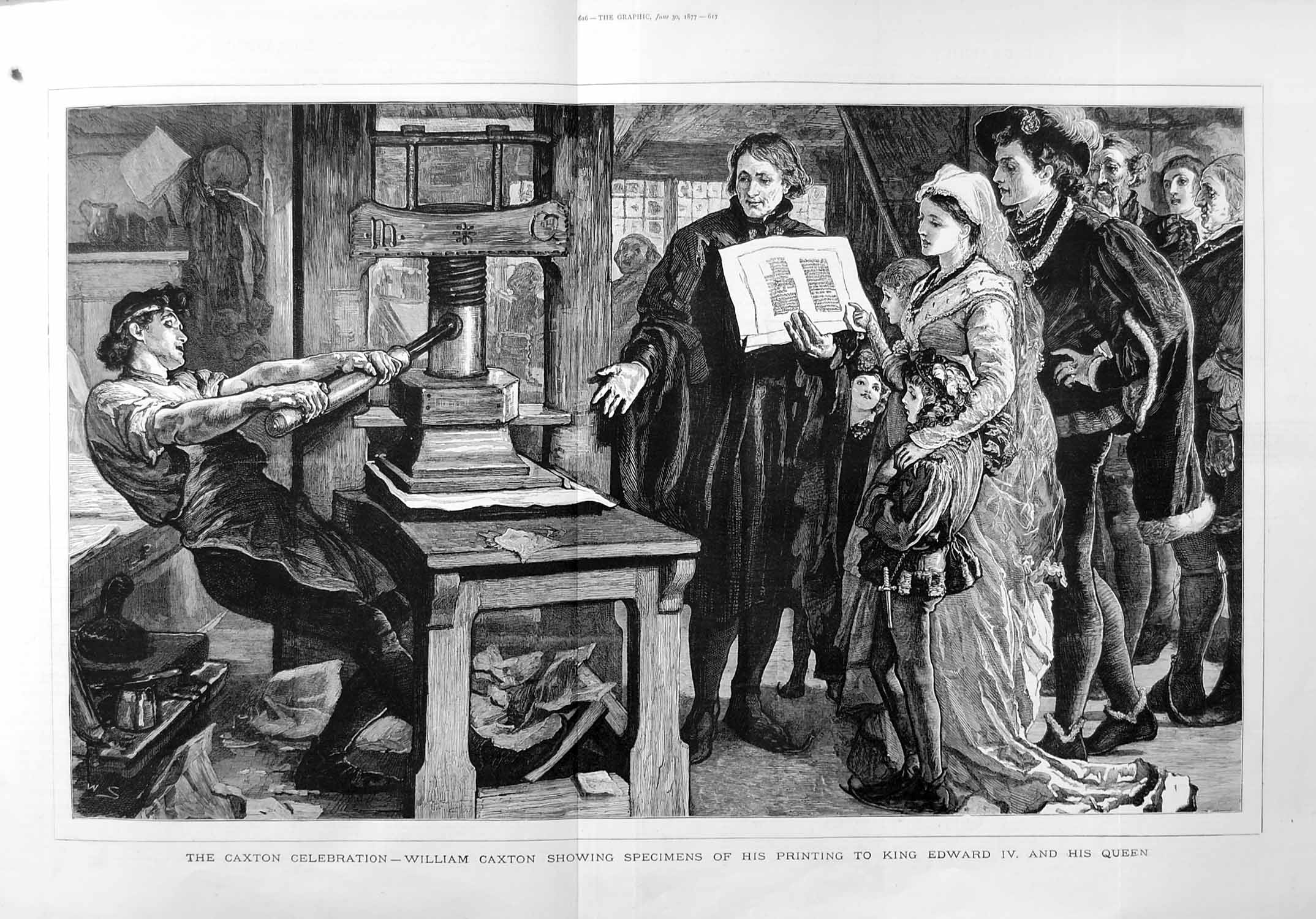 Antique Old Print *3048 1877 Caxton Celebration Ing King Edward Queen Art