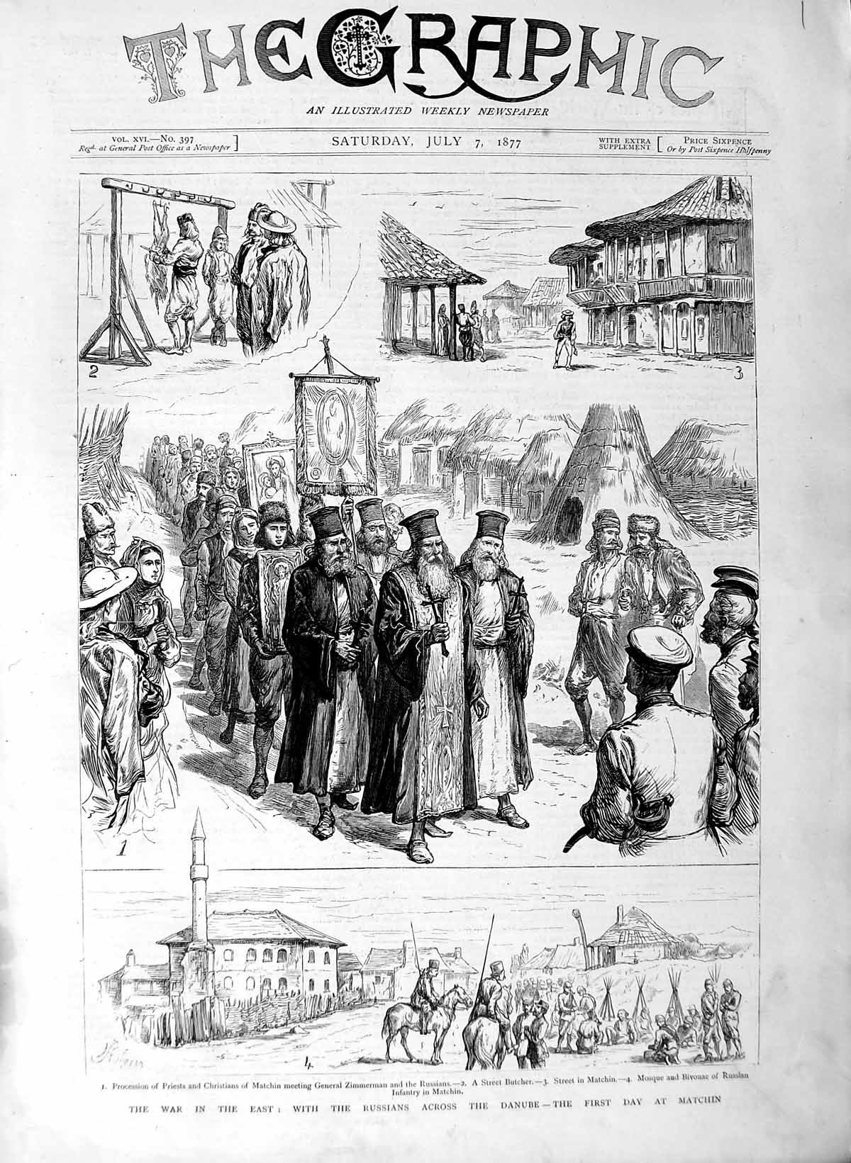 Original Old Antique Print 1877 War Russian Siers Danube River Matchin Mosque