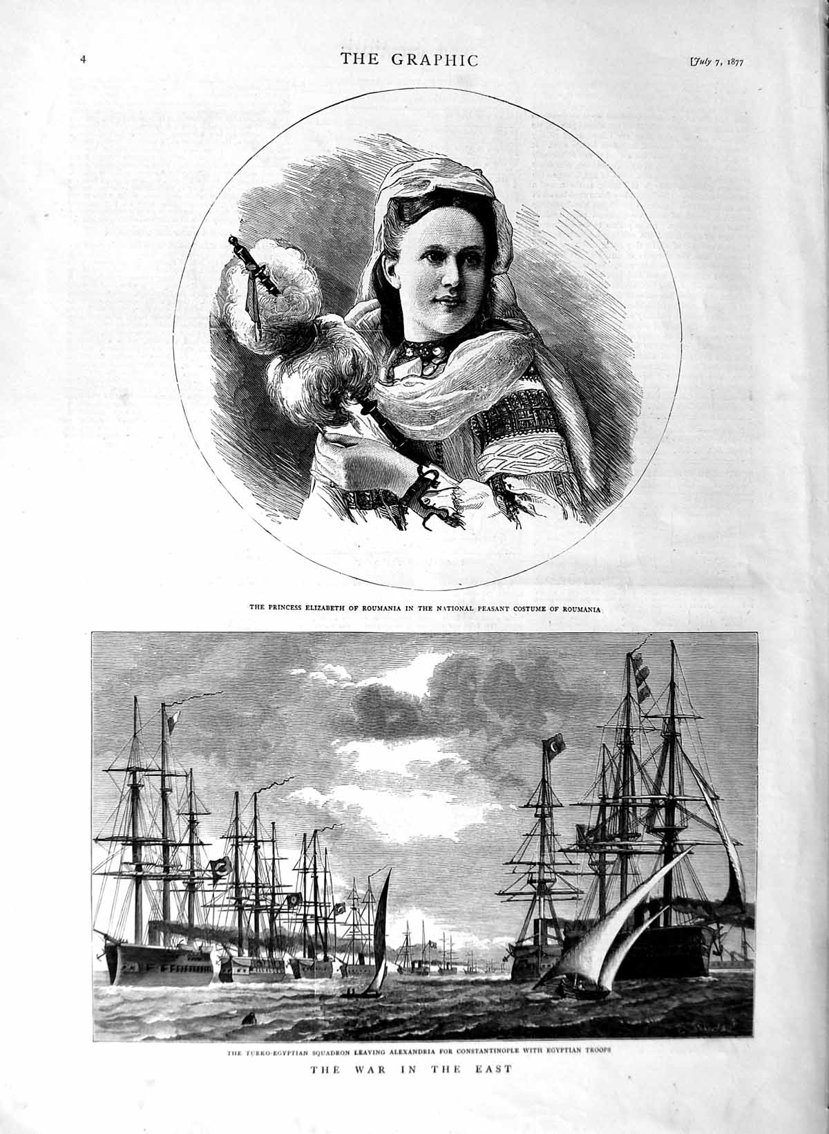 Old Antique Print 1877 Turko-Egyptian Ships War Troops Princess Roumania 19th