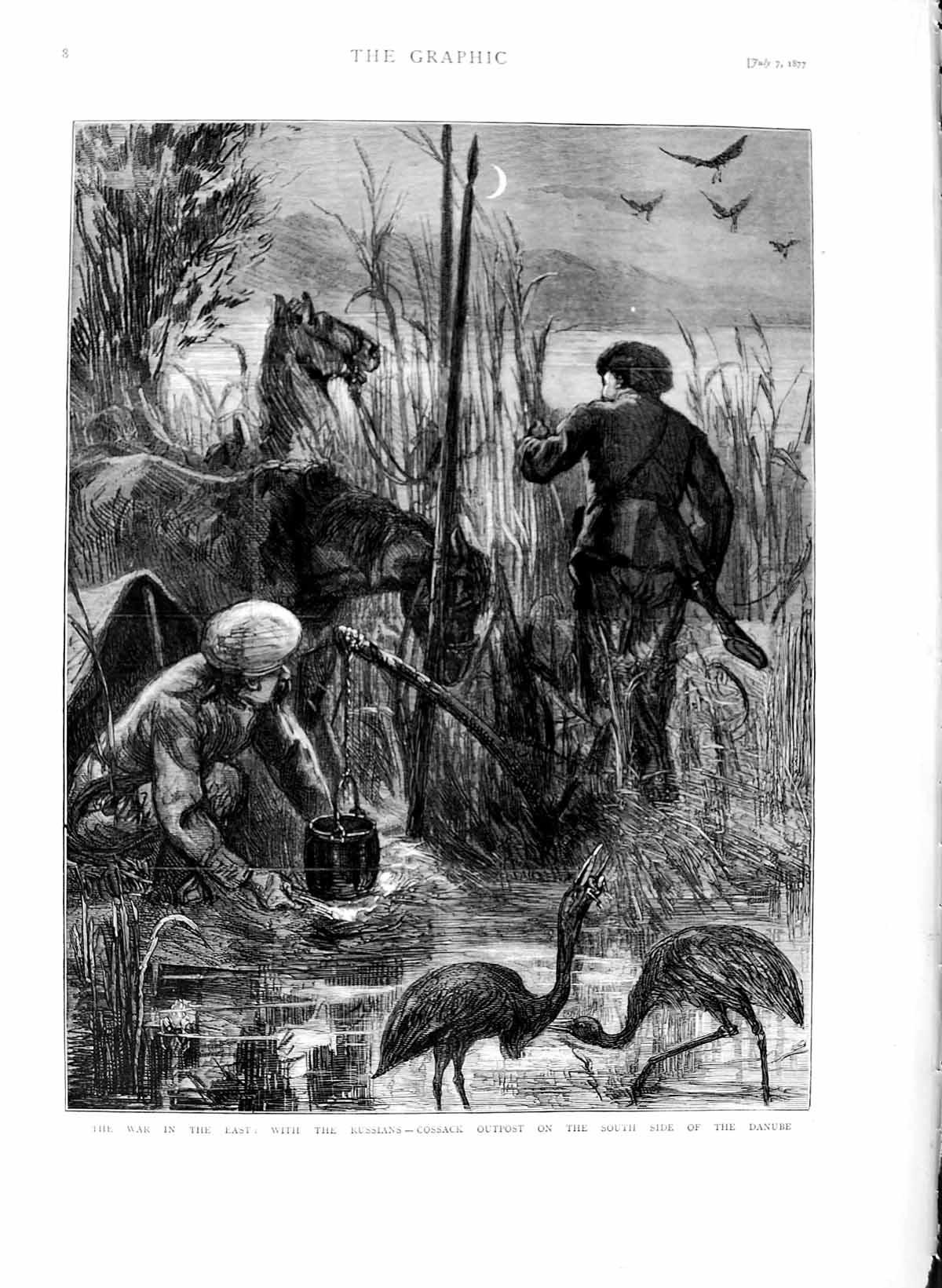 Original Old Antique Print 1877 War Russian Cossack Siers Danube River Birds