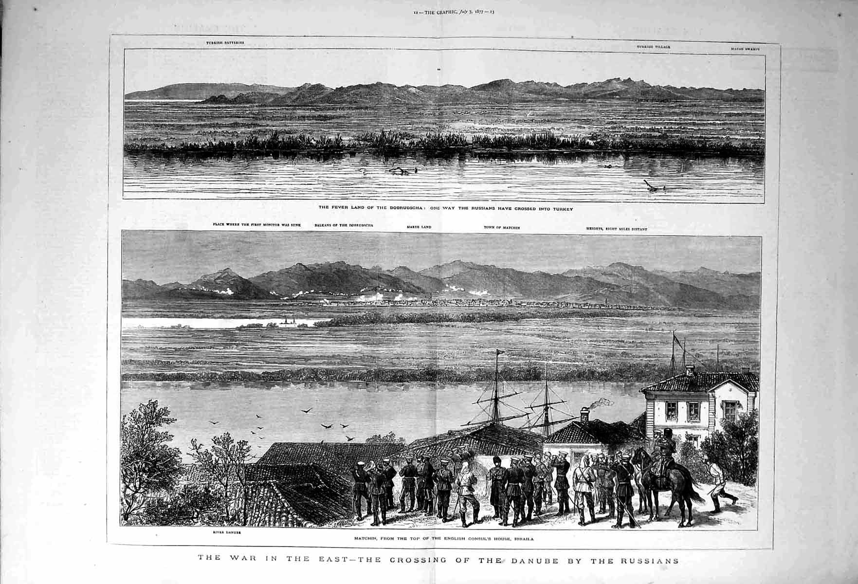 Original Old Antique Print 1877 War Russian Siers Danube Consul House Ibraila 0