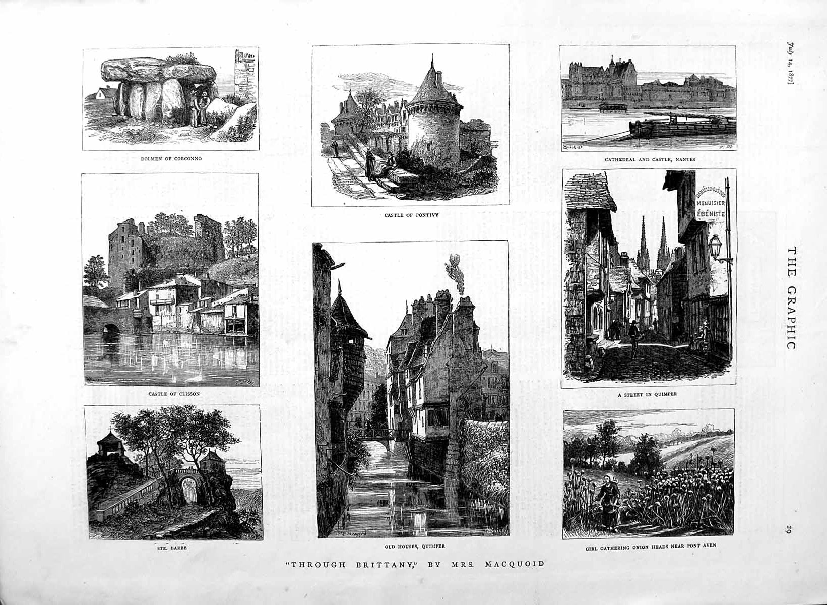 Original Old Antique Print 1877 Brittany France Quimper Castle Pontivy Clisson