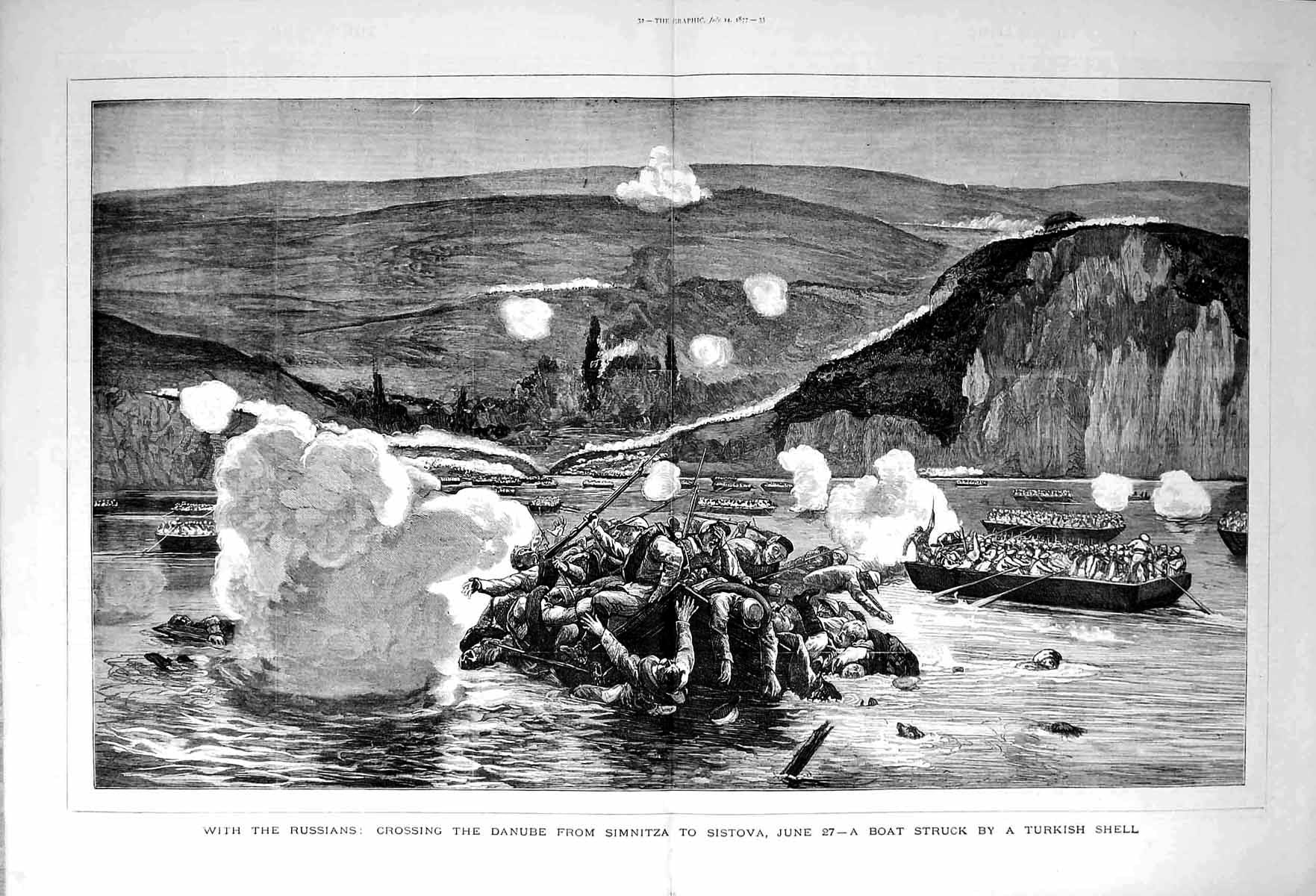 Original Old Antique Print 1877 Russian Siers War Danube Simnitza Sistova Boat 0
