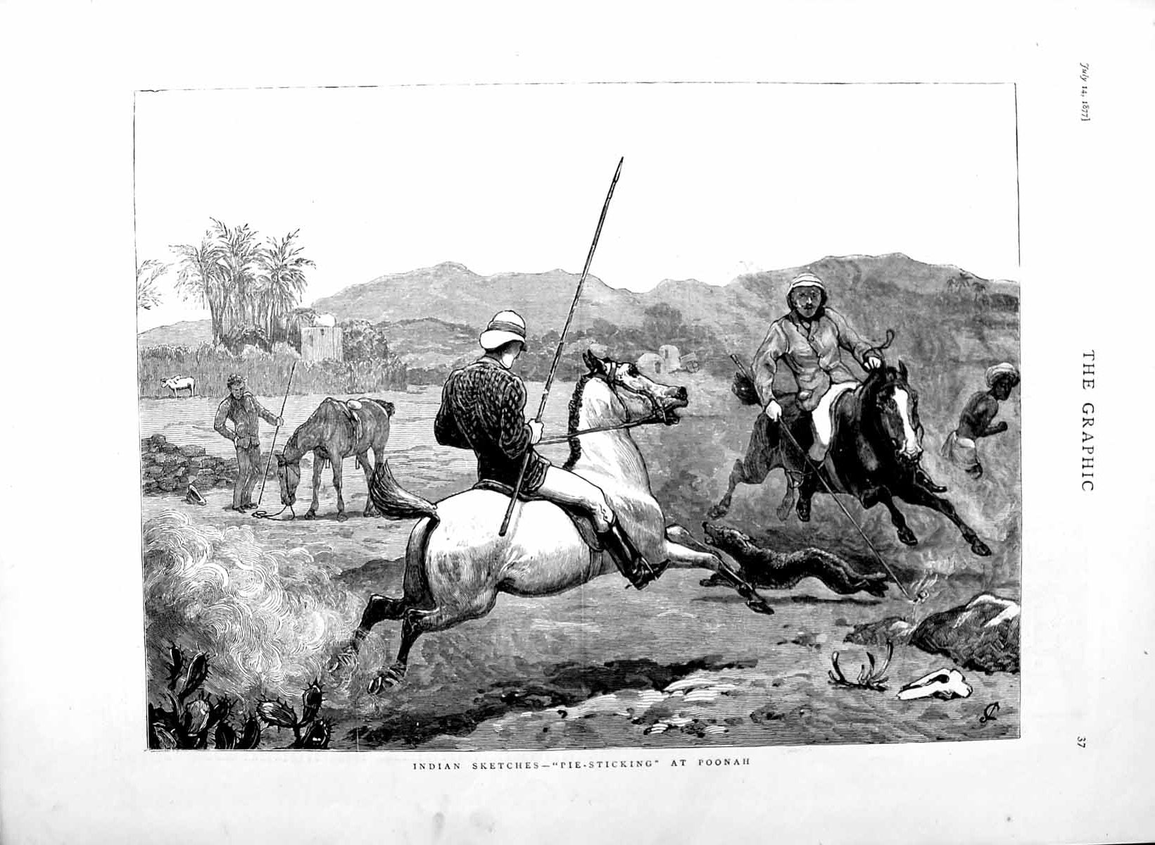 Original Old Antique Print 1877 India Pie-Sticking Poonah Men Horses Dogs 19th