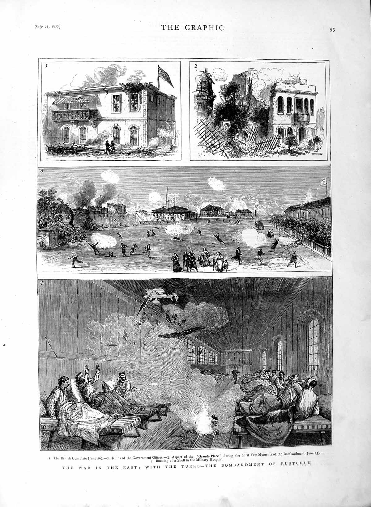 Old Antique Print 1877 War Turks Bombardment Rusrchuk British Consulate 19th