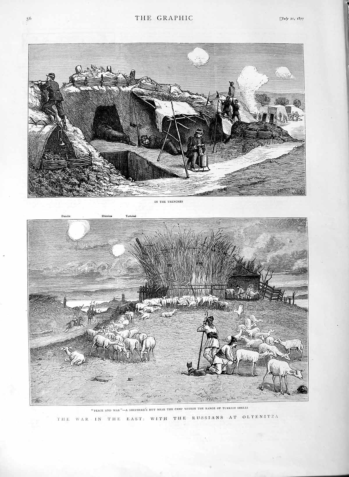 Old Antique Print 1877 War Trenches Russian Army Oltenitza Shepherd Sheep 19th
