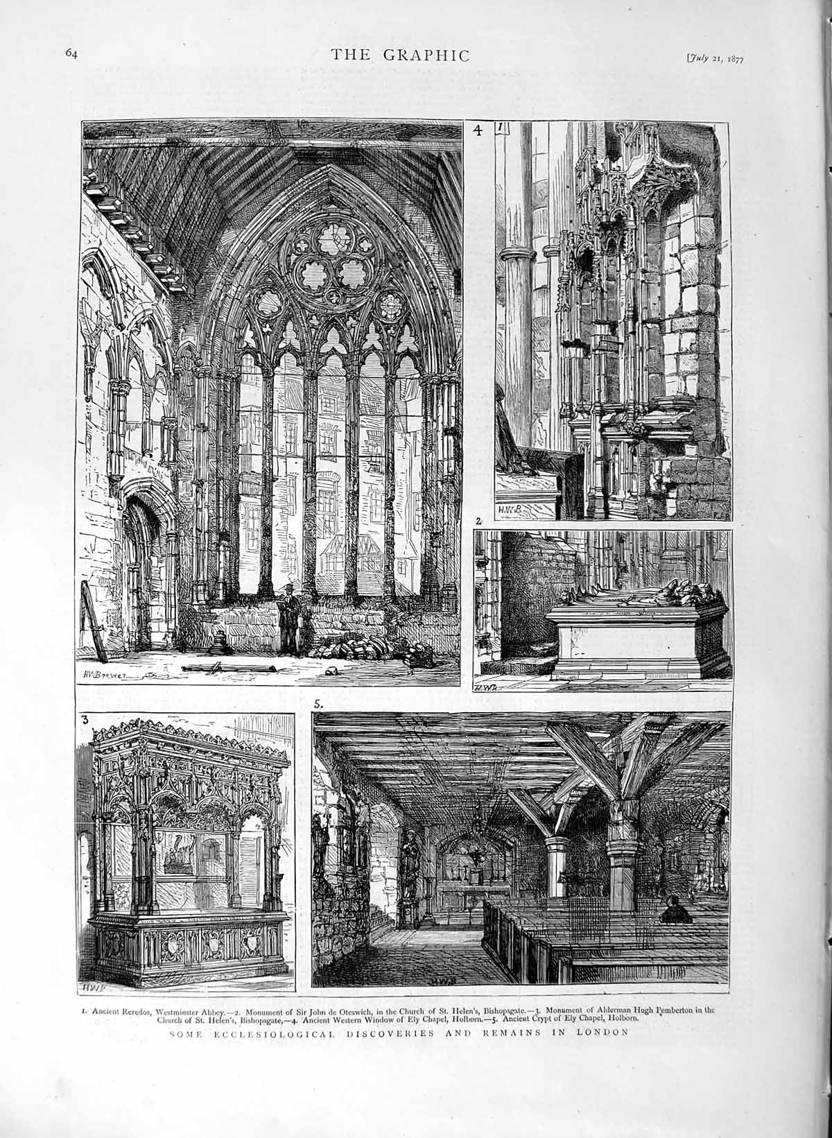Original Old Antique Print 1877 London Westminster Abbey Ely Chapel Bishopgate