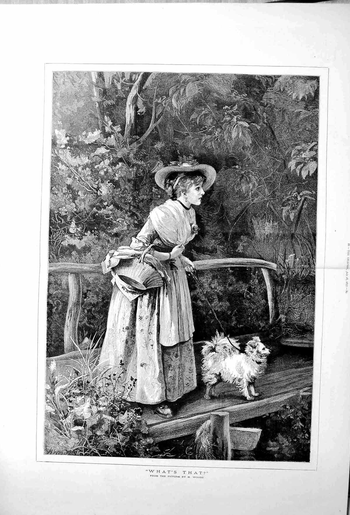 Old Antique Print 1877 Woods Fine Art Beautiful Lady Dog Bridge Country 0 19th