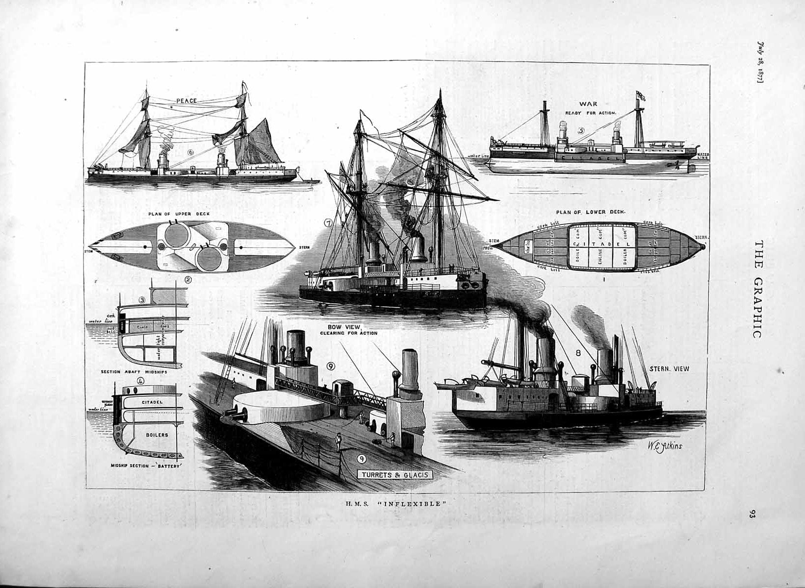 Old Antique Print 1877 Deck Plans H.M.S Inflexible Ship War Battery Stern 19th