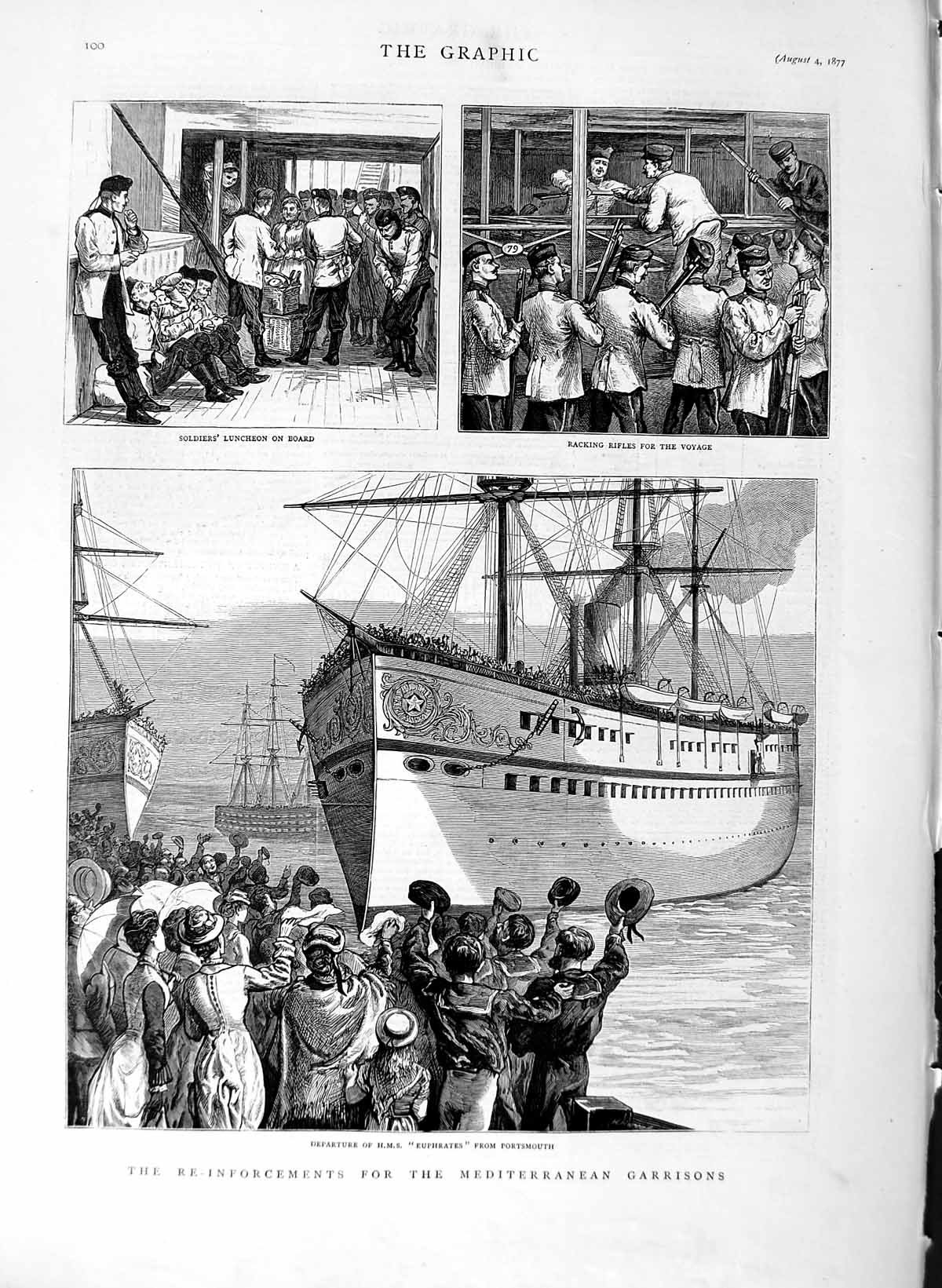 Original Old Antique Print 1877 Ship Euphrates War Portsmouth Siers Garrisons