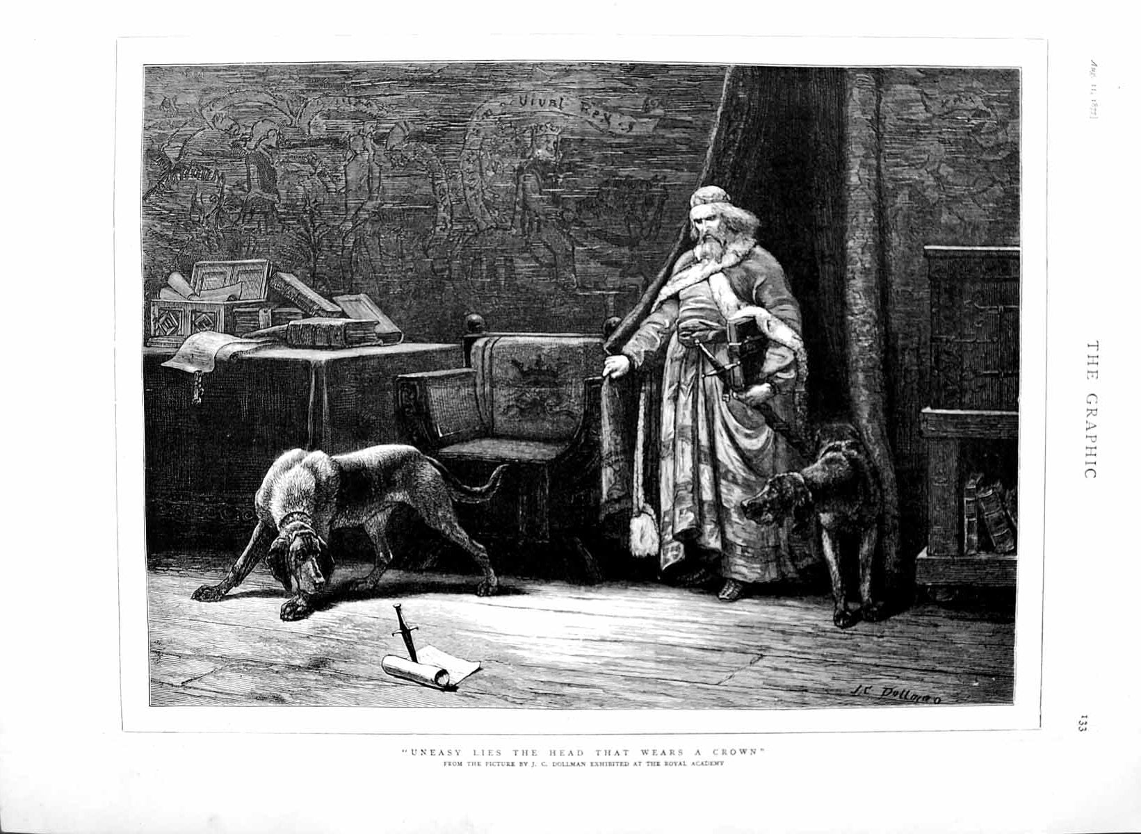 Old Antique Print 1877 Dollman Fine Art Man Sword Dagger Dogs Books Chair 19th