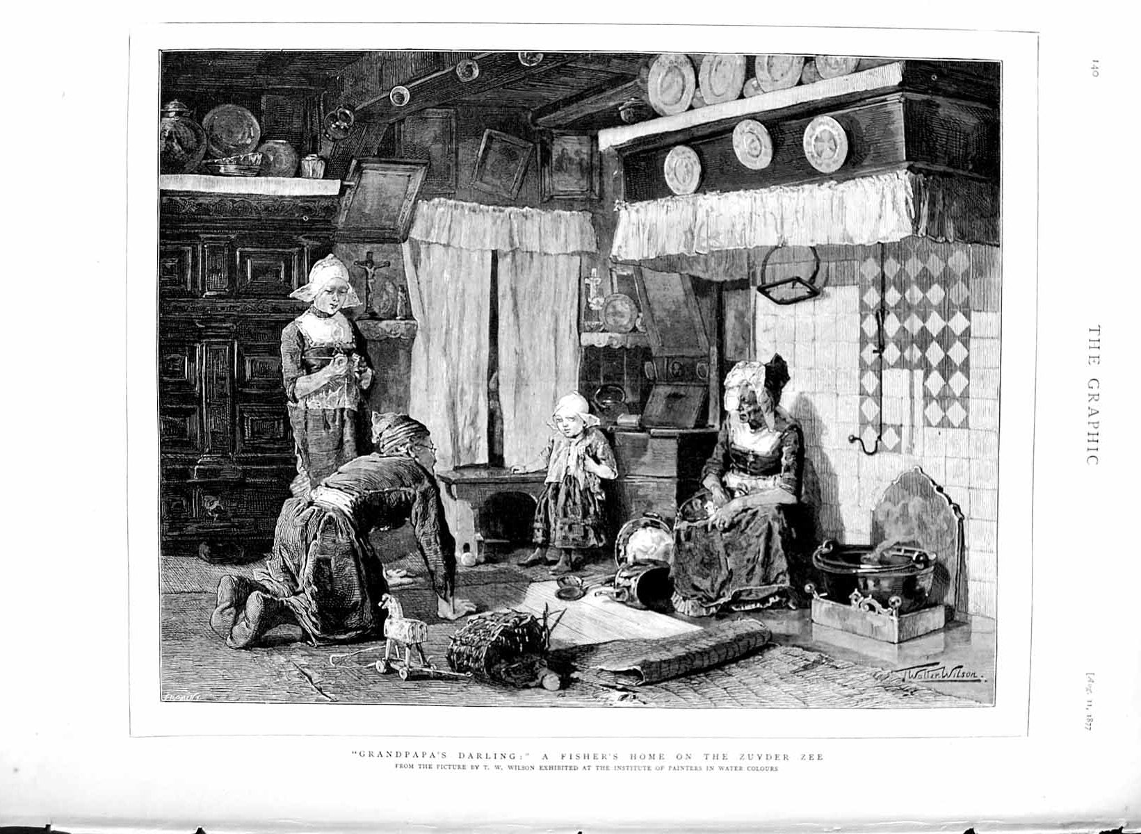 Original Old Antique Print 1877 Fisher'S Home Zuyder Zee Little Girl Grandad
