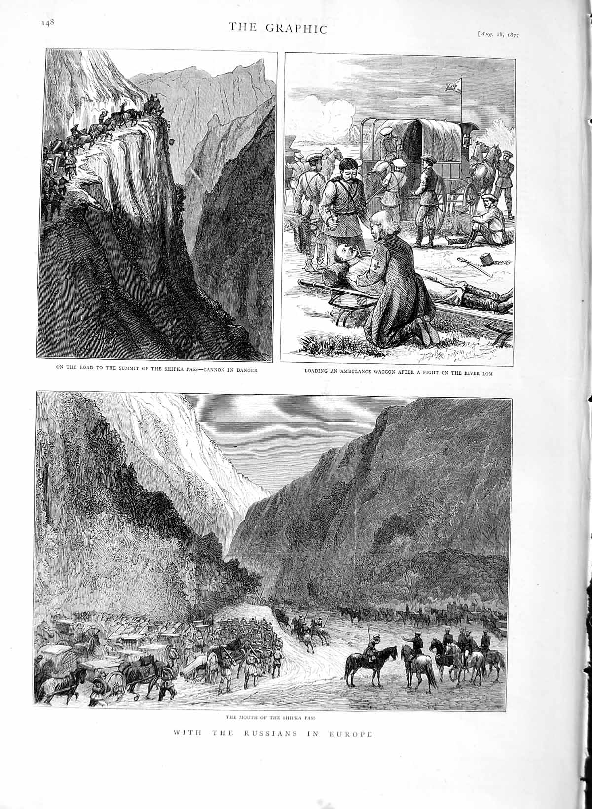 Original Old Antique Print 1877 Shipka Pass War Russian Siers Ambulance Lom
