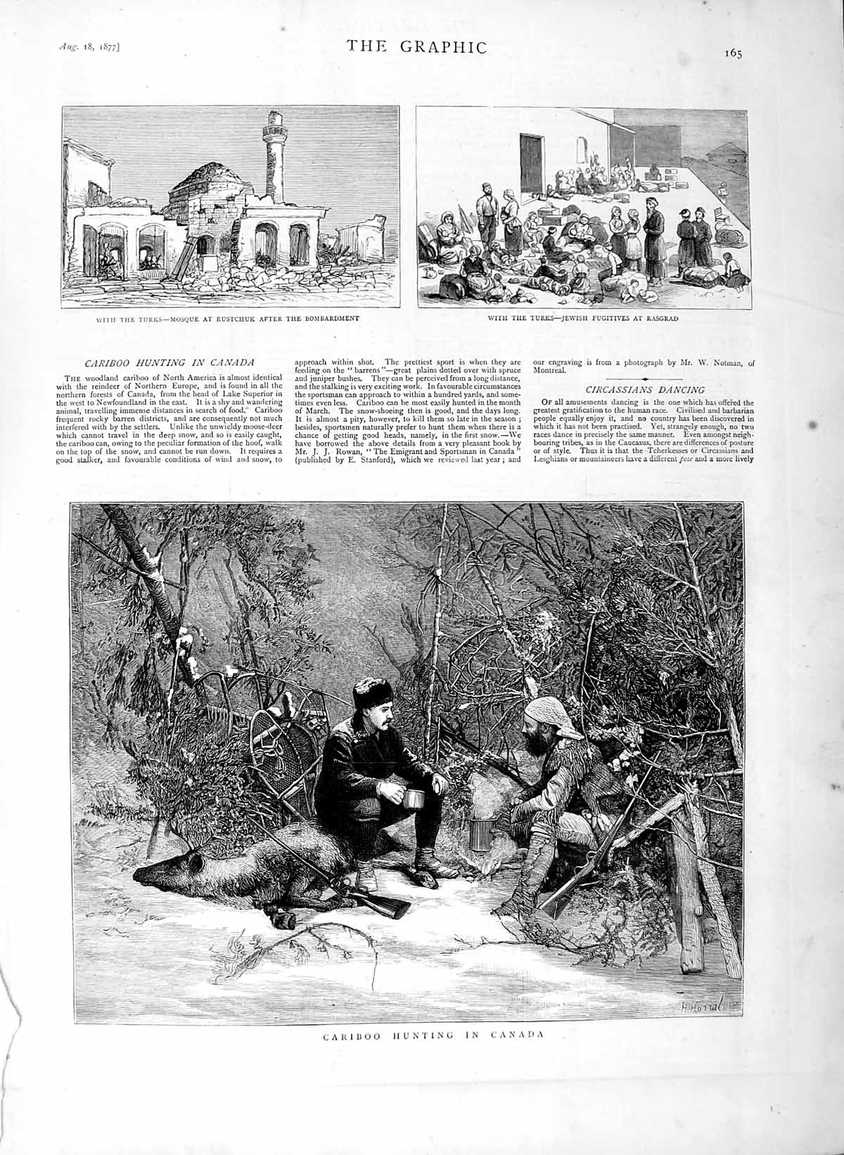 Original Old Antique Print 1877 Cariboo Hunting Canada Turks Mosque Rasgrad War