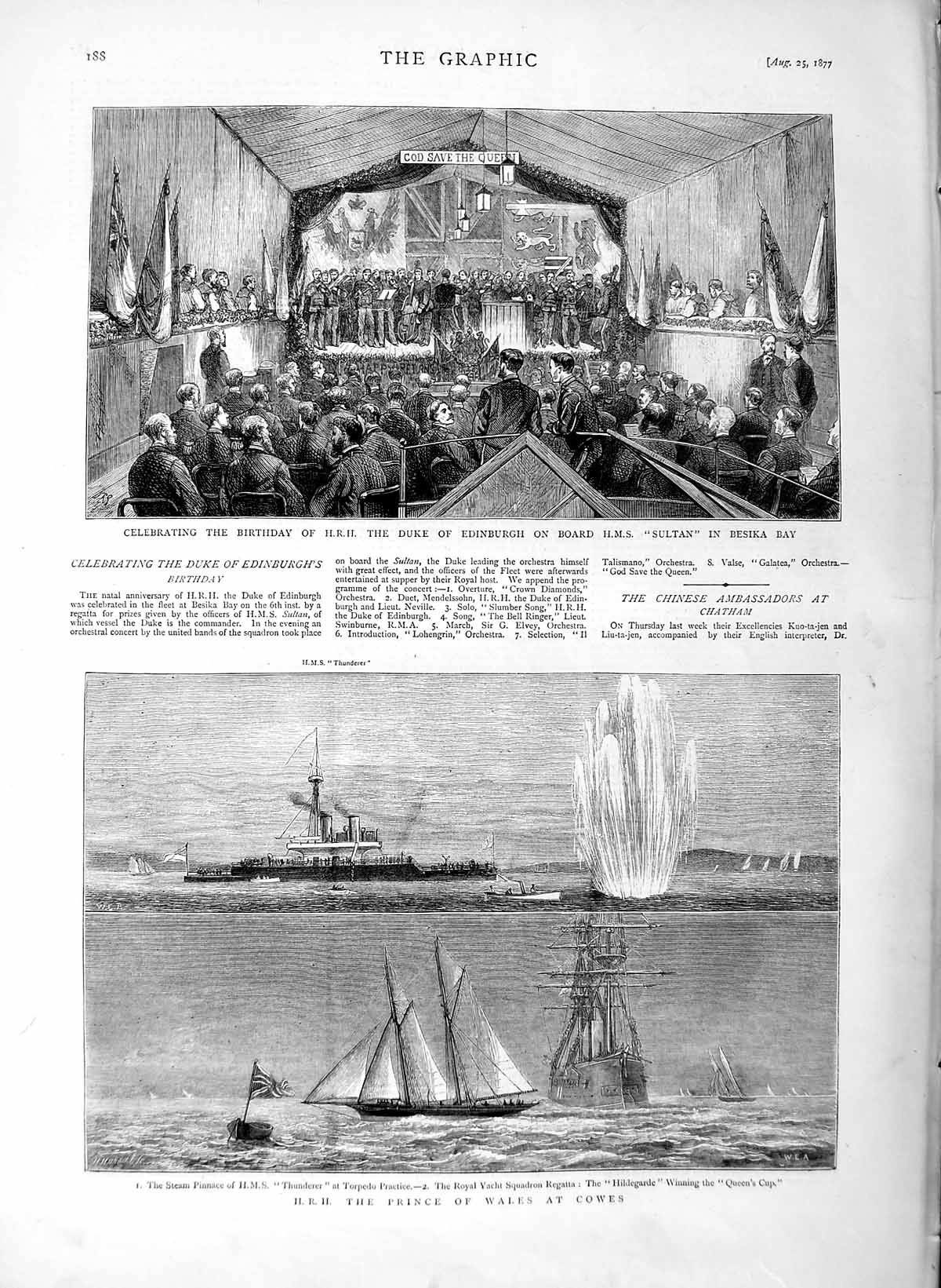 Old Antique Print 1877 Duke Edinburgh Ship Sultan Besika Bay Prince Cowes 19th
