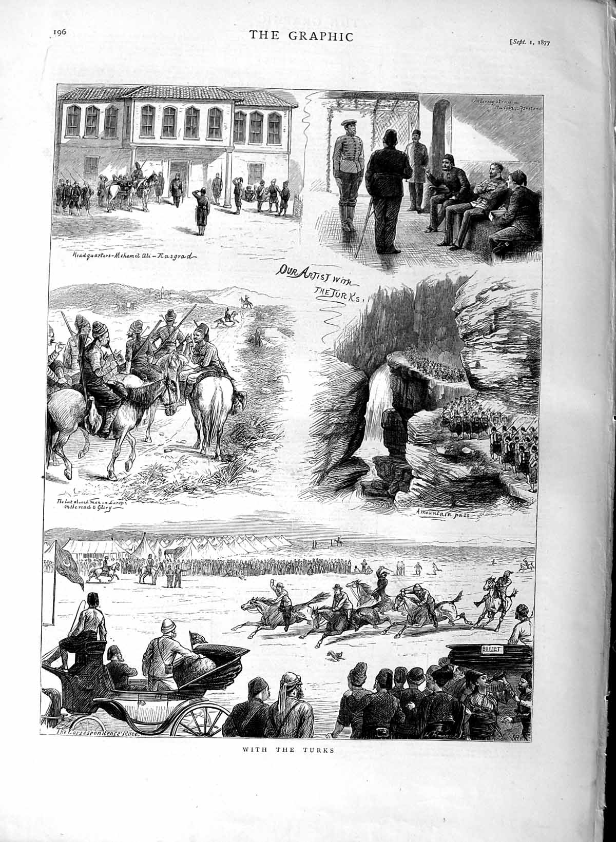 Original Old Antique Print 1877 Turkish Siers Horse Racing Rasgrad Mountains