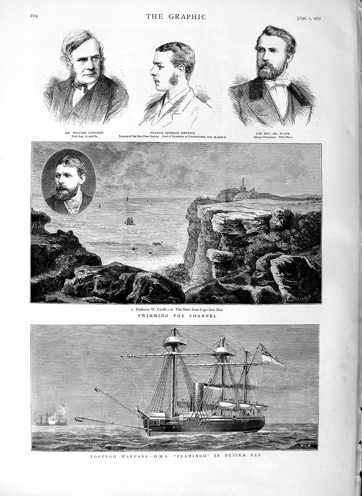 Original Old Antique Print 1877 Ship Flamingo Besika War Cavill Channel Meyrick