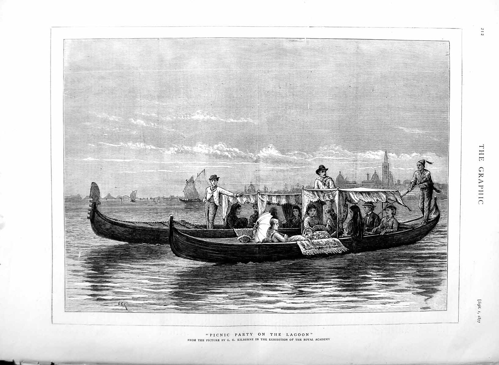 Original Old Antique Print 1877 Picnic Party Lagoon River Boat Passengers 19th