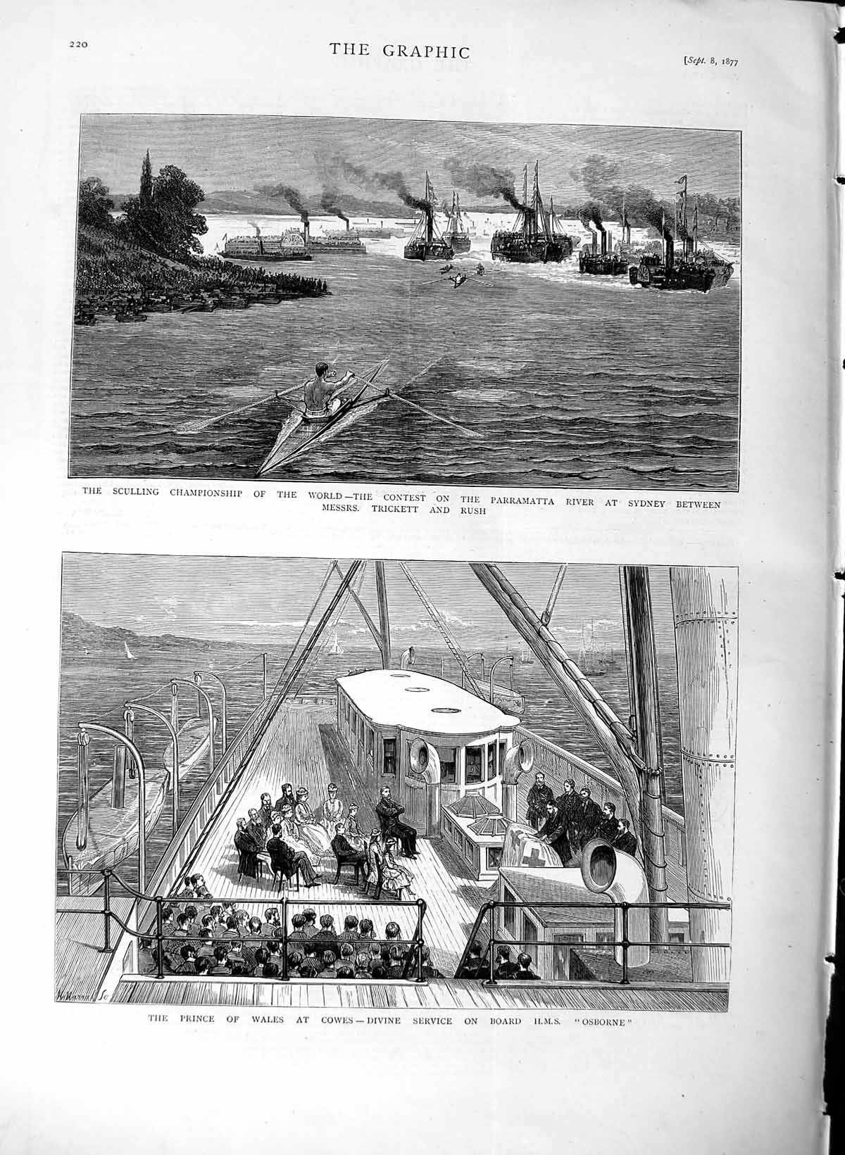Old Antique Print 1877 Prince Cowes Ship Osborne Sculling Parramatta Boat 19th