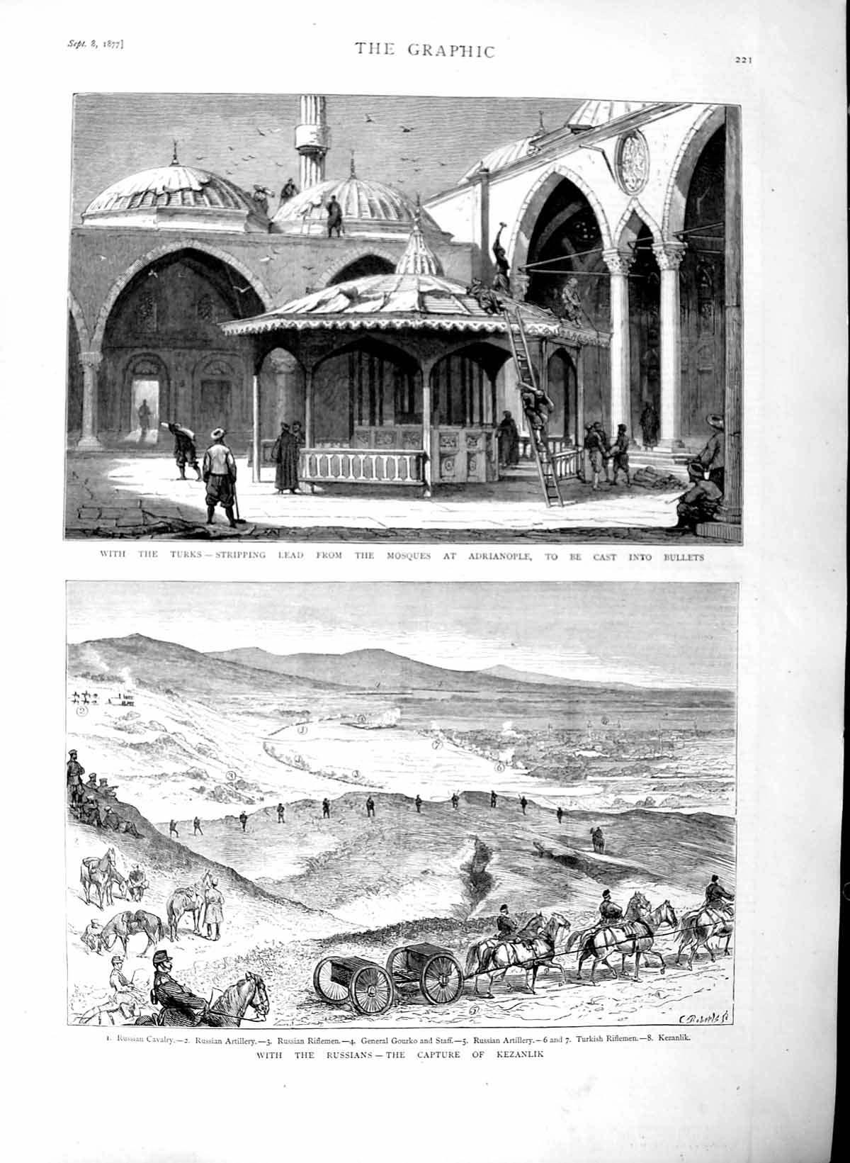 Old Antique Print 1877 Turks War Mosque Adrianople Lead Kezanlik Russians 19th