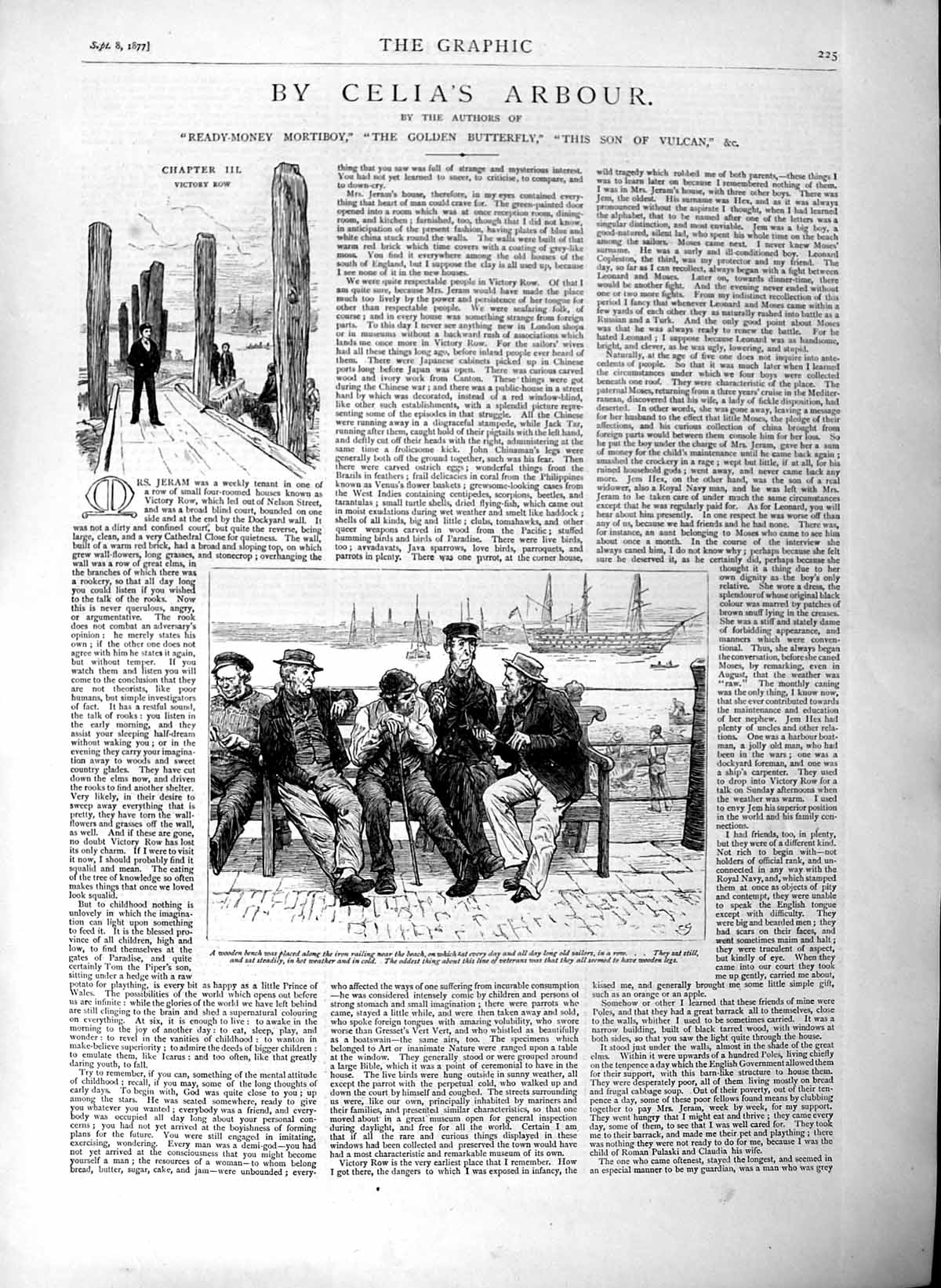 Original Old Antique Print 1877 Illustratio Story Celia'S Arbour Sailors Bench