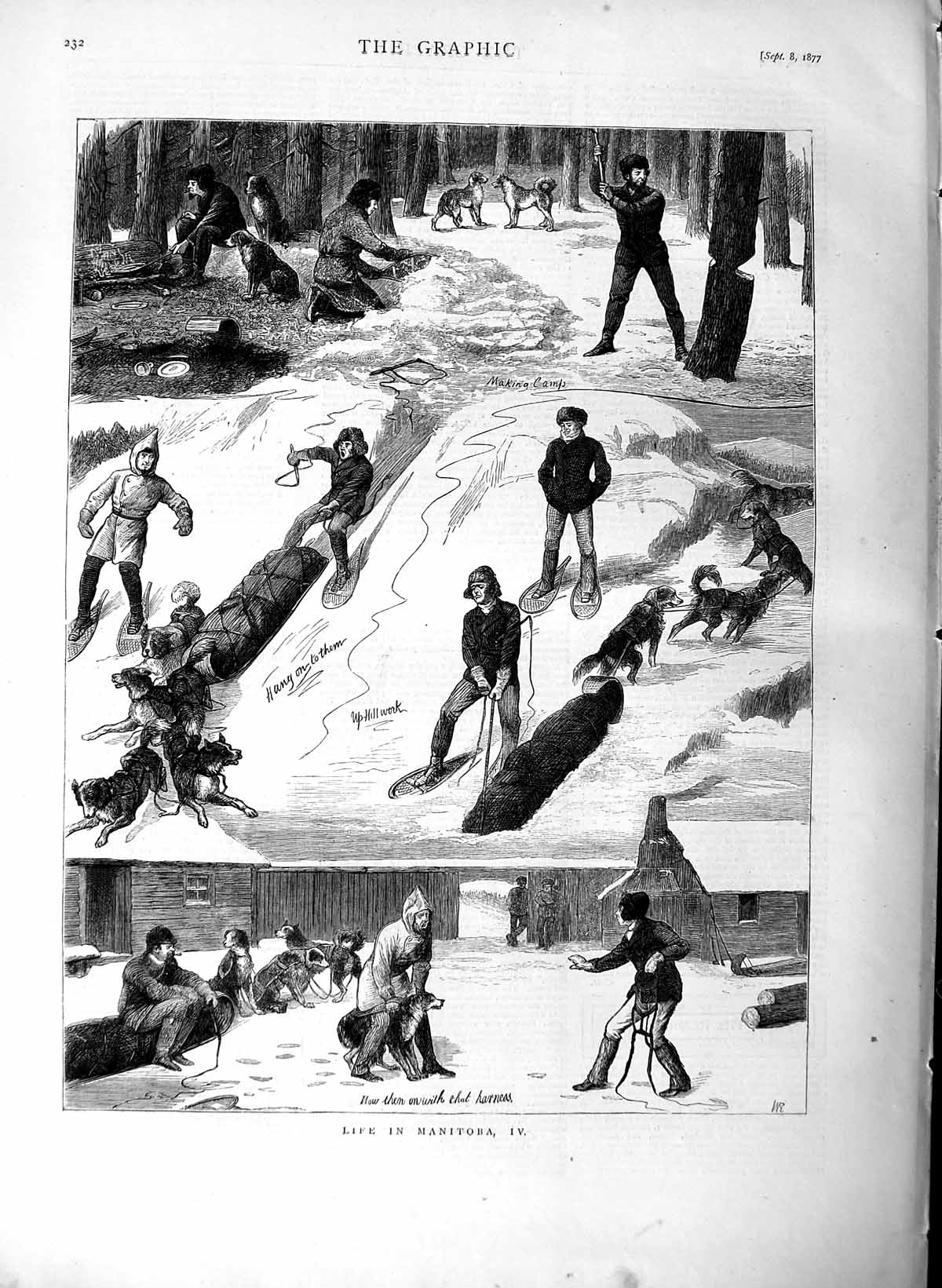 Original Old Antique Print 1877 Manitoba Snow Sledging Husky Dogs Winter 19th