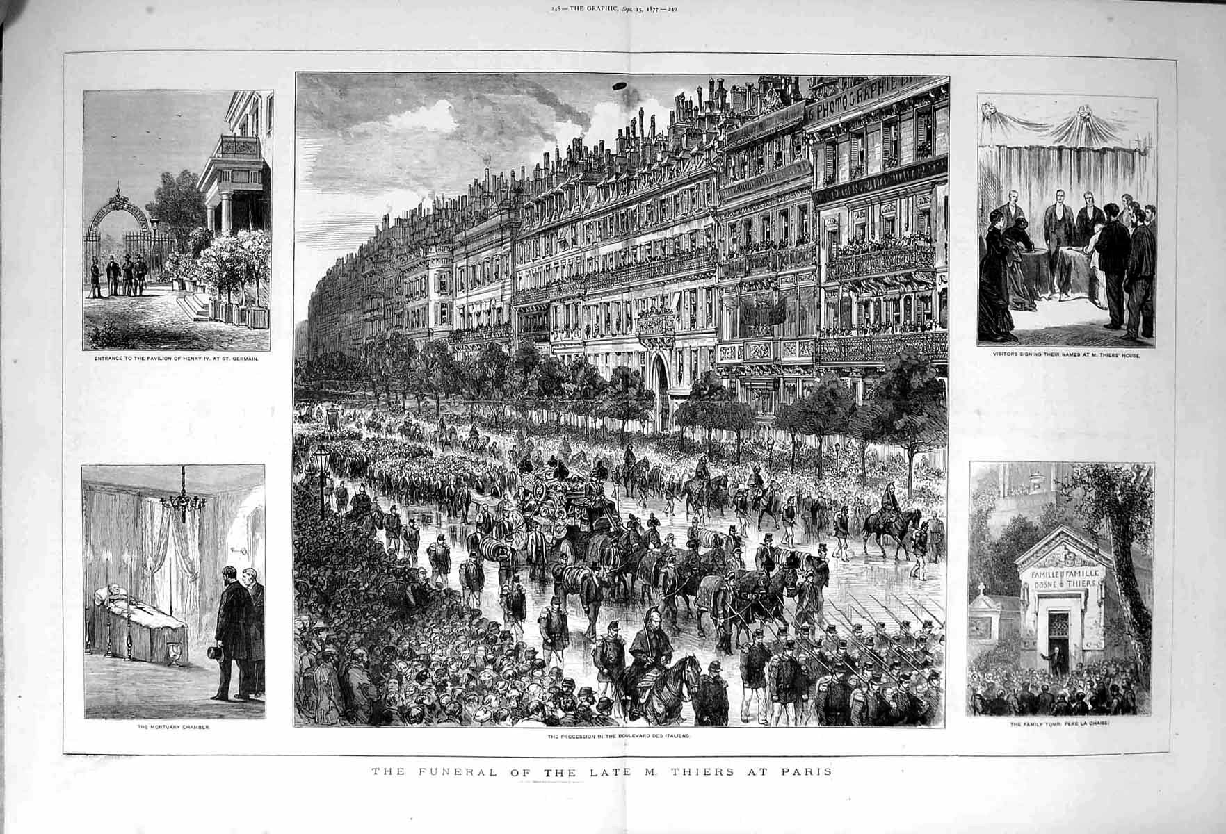 Old Antique Print 1877 Scene Funeral Thiers Paris France Italiens Chaise 19th
