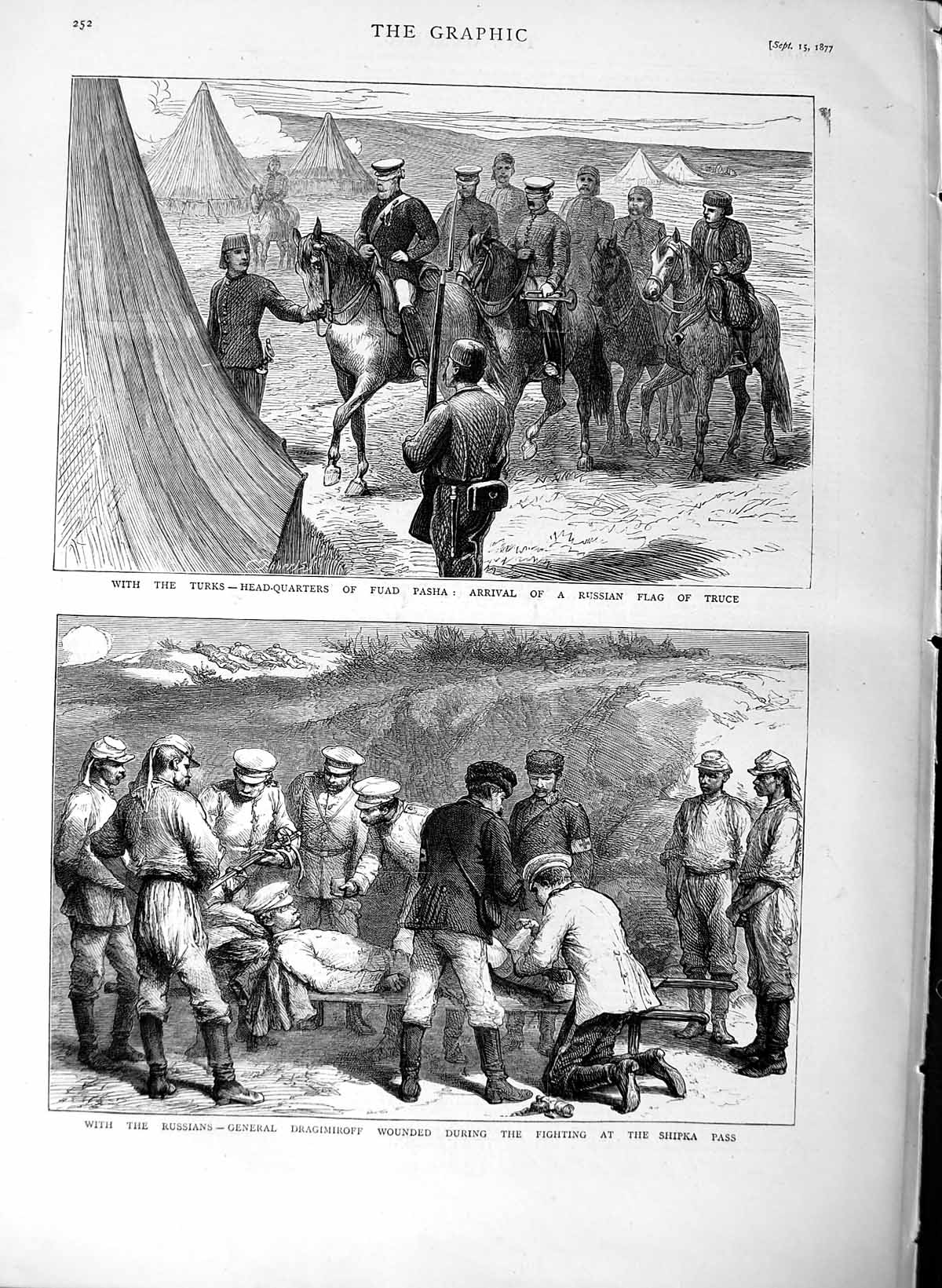 Old Antique Print 1877 Turks Fuad Pasha Russian Flag Dragimiroff Shipka 19th