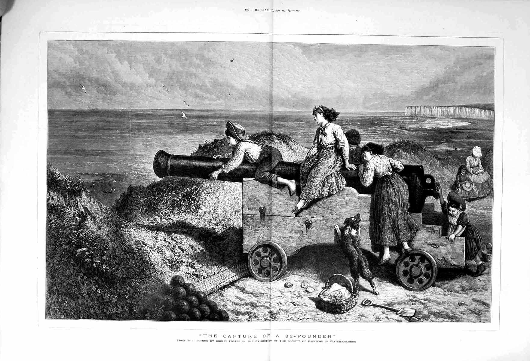 Antique Old Print 1877 32-Pounder Canon Gun Beach Children Dog Foster Art 19th