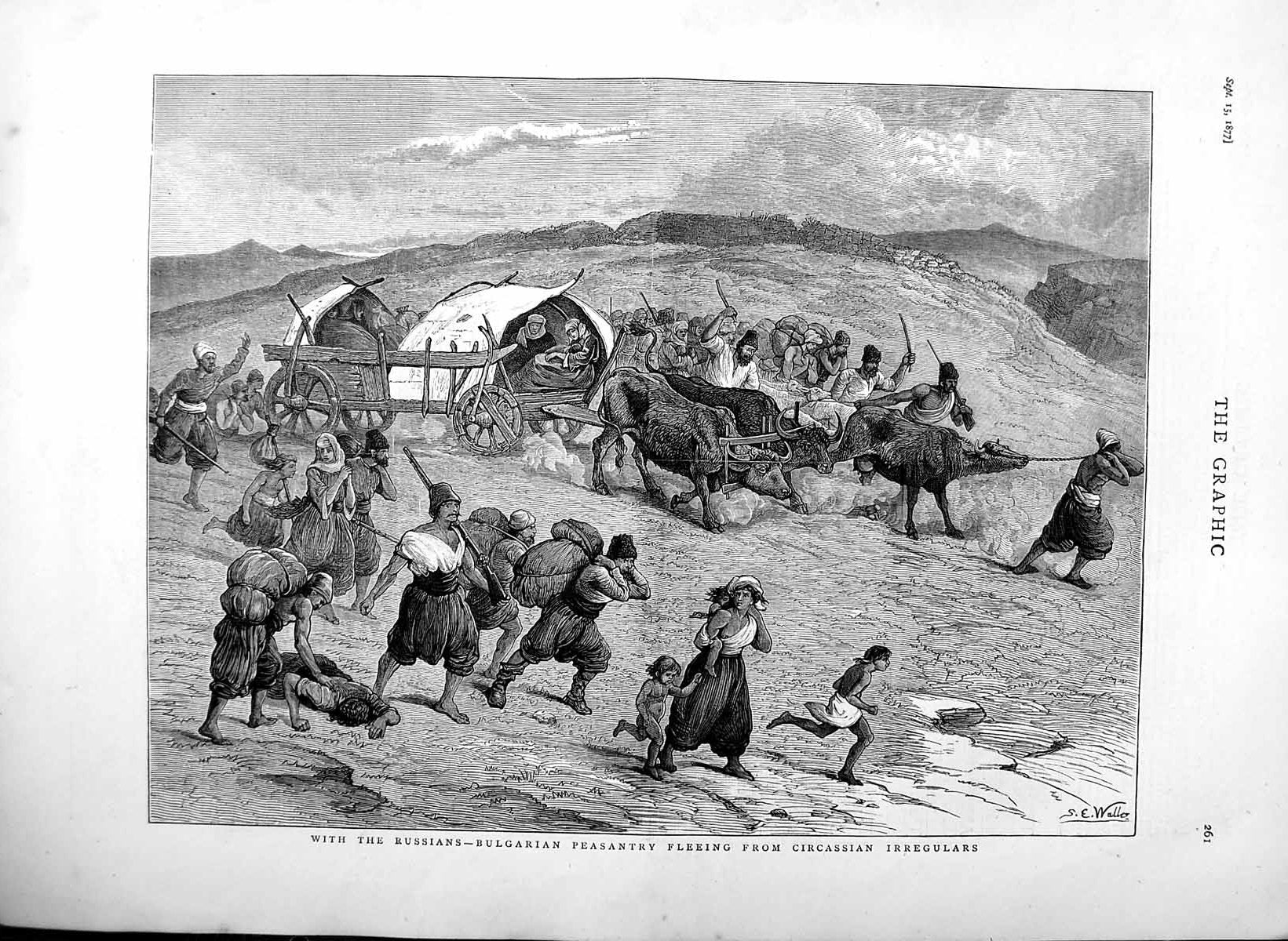 Original Old Antique Print 1877 Russian Siers War Bulgarian Peasants Circassian