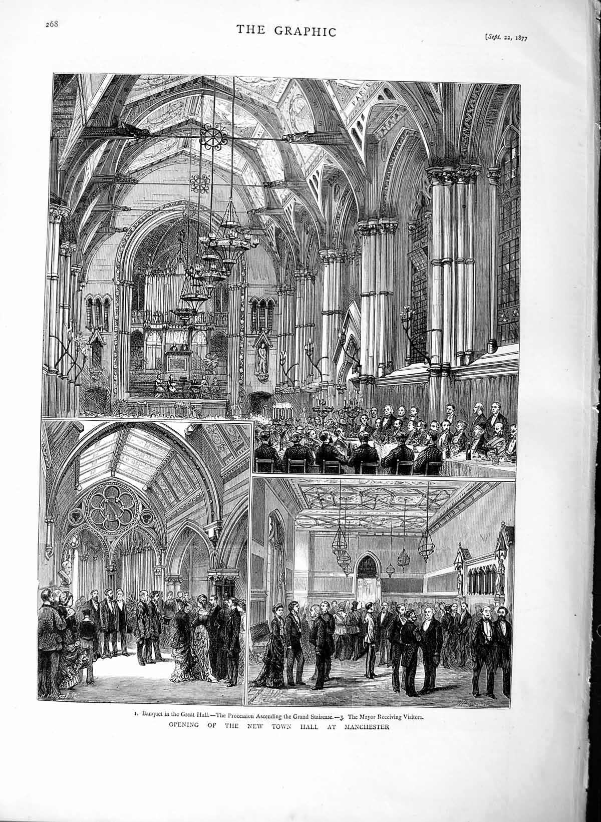 Original Old Antique Print 1877 Town Hall Manchester England Mayor Architecture