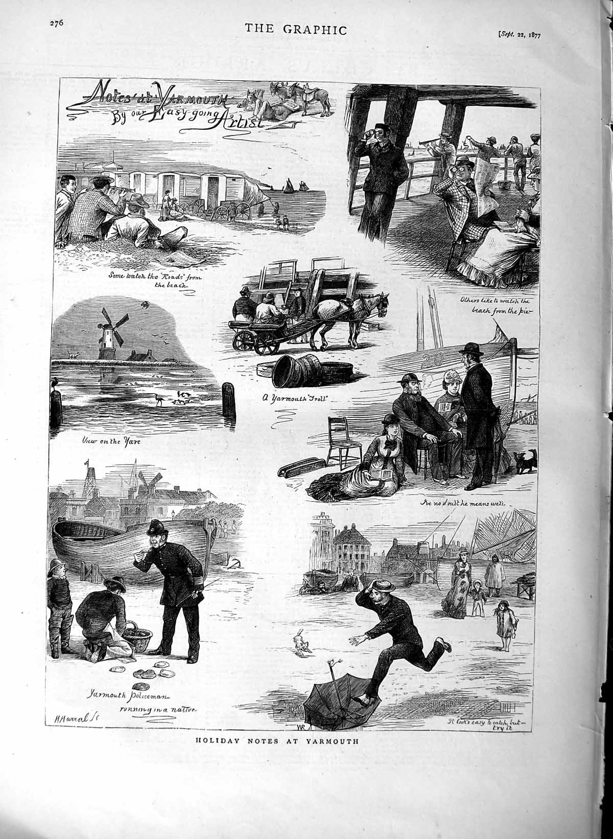 Original Old Antique Print 1877 Yarmouth England Policeman Beach Holidays 19th