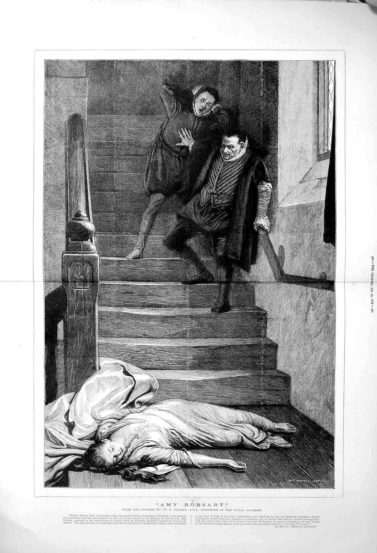 Original Old Antique Print 1877 Yeames Fine Art Amy Robsart Lady Stairs House