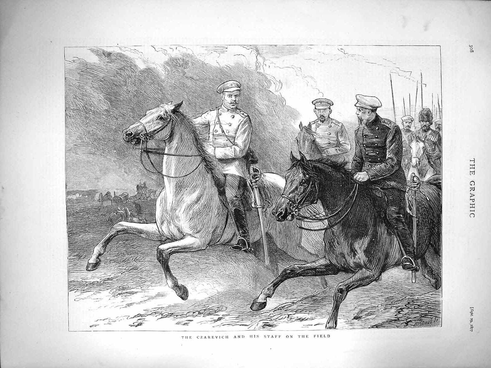 Original Old Antique Print 1877 Czarevich Staff Horses Battle Field War 19th