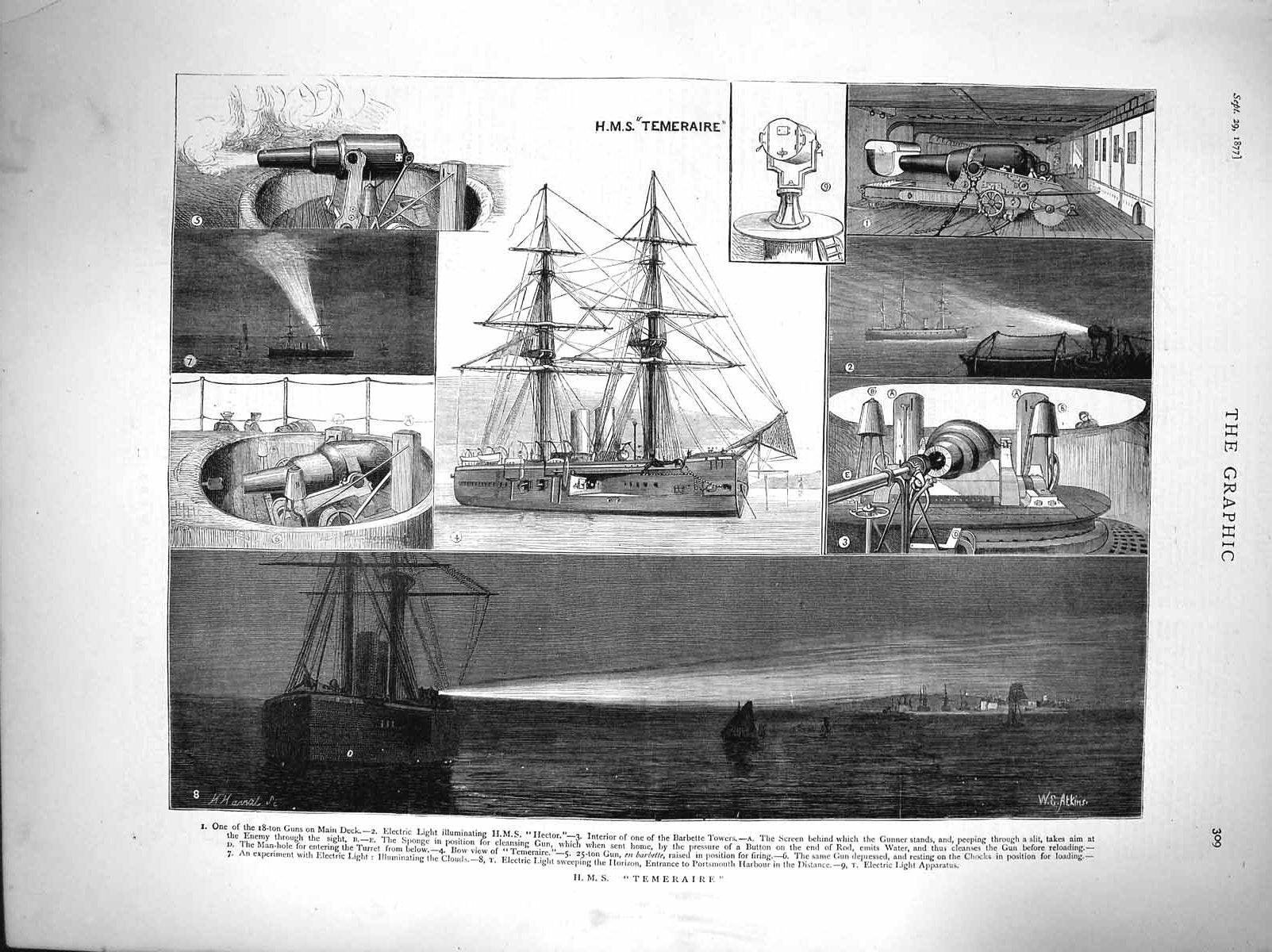 Original Old Antique Print 1877 Ship H.M.S Temeraire Hector War Barbette Tower