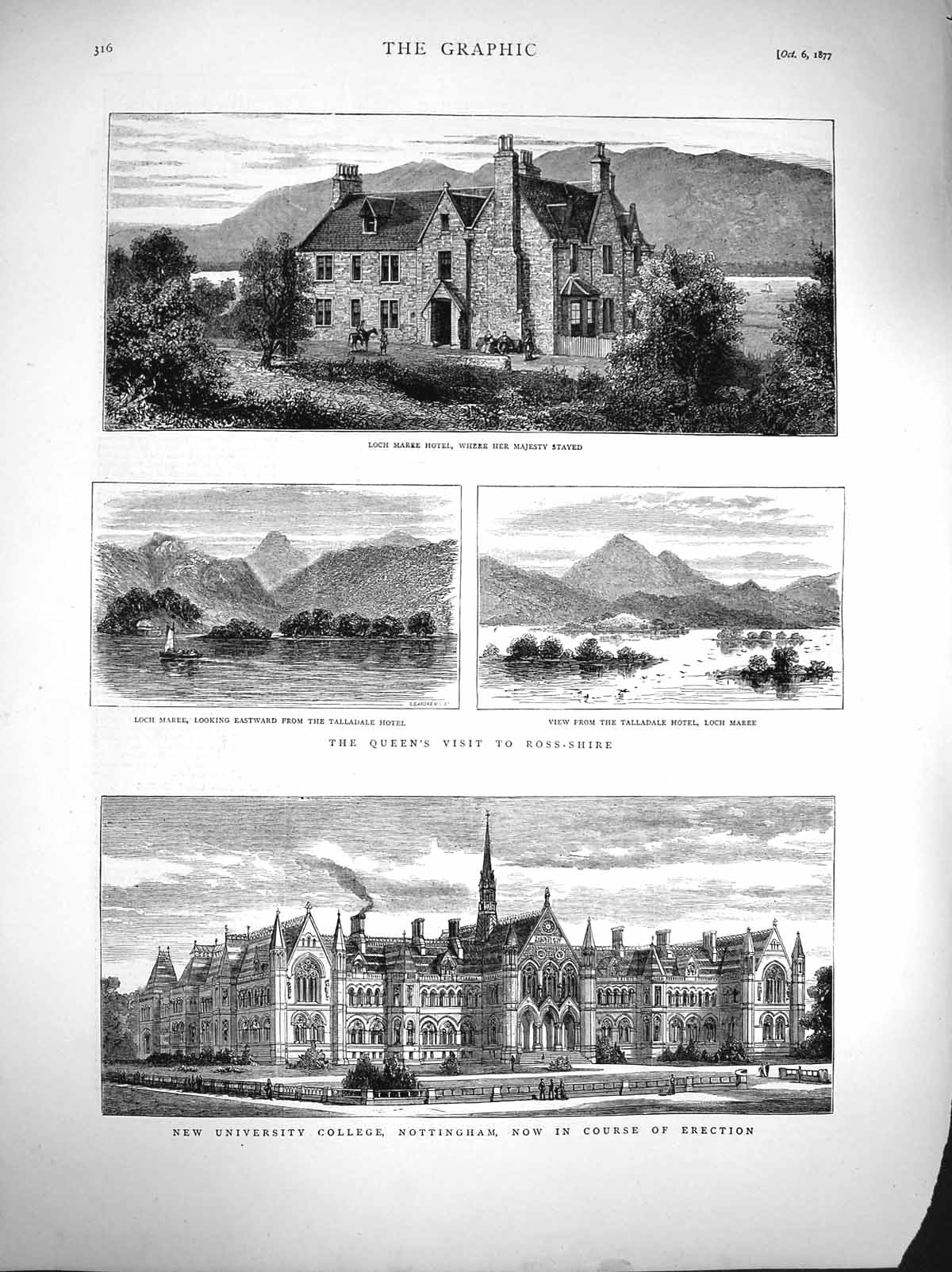Original Old Antique Print 1877 College Nottingham Loch Maree Hotel Talladale