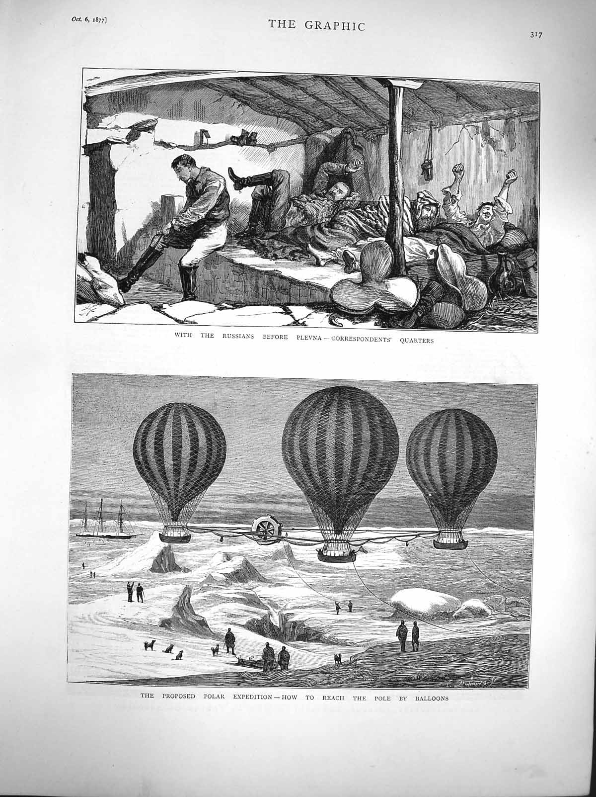 Original Old Antique Print 1877 Russian Siers Plevna Polar Expedition Balloons
