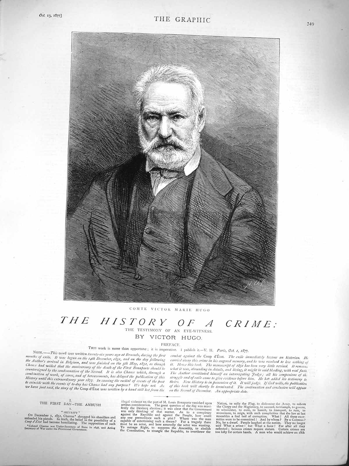 Original Old Antique Print 1877 Portrait Comte Victor Marie Hugo 19th
