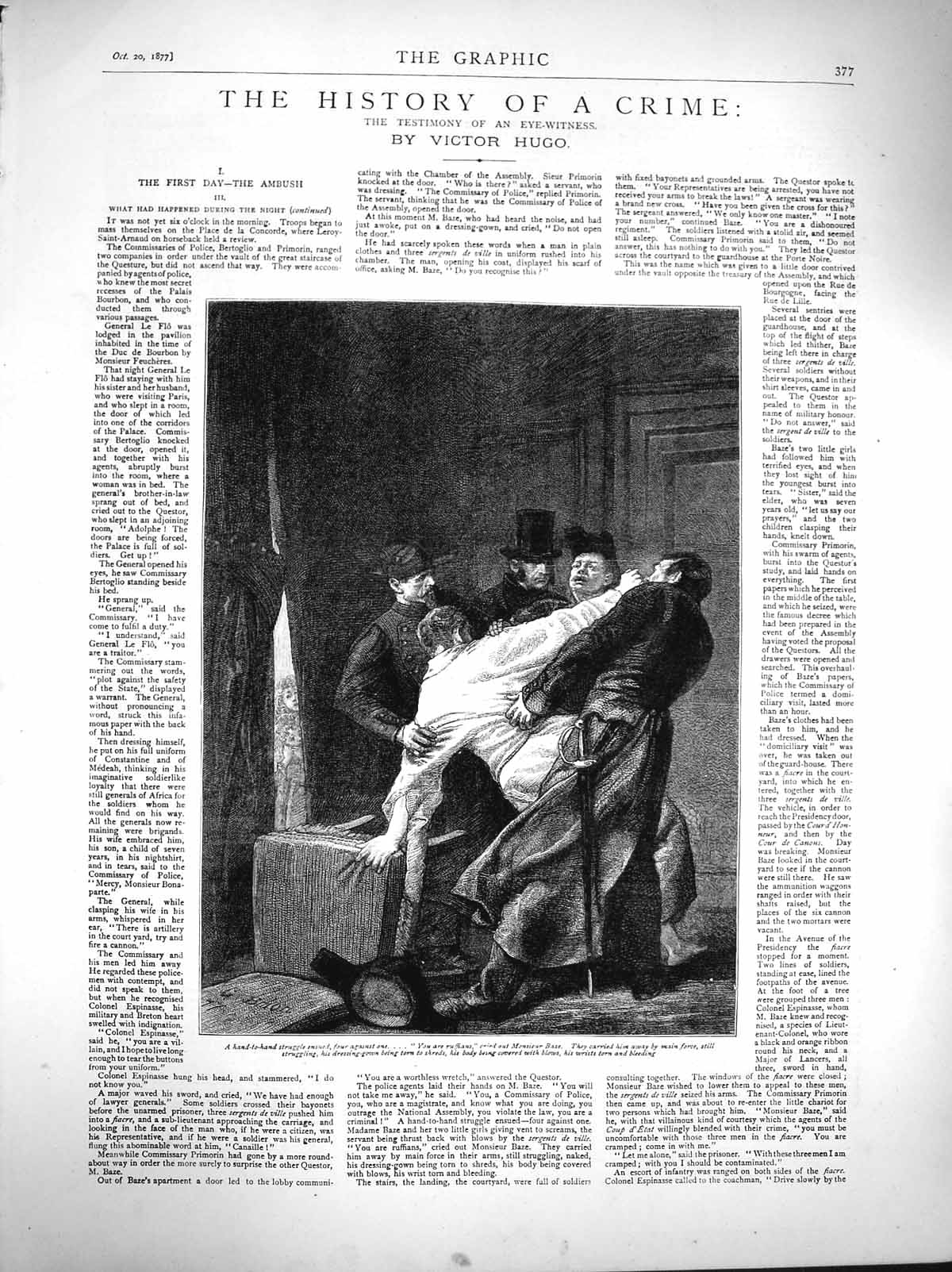 Old Antique Print 1877 Victor Hugo History Crume Monsieur Baze Men Fight 19th