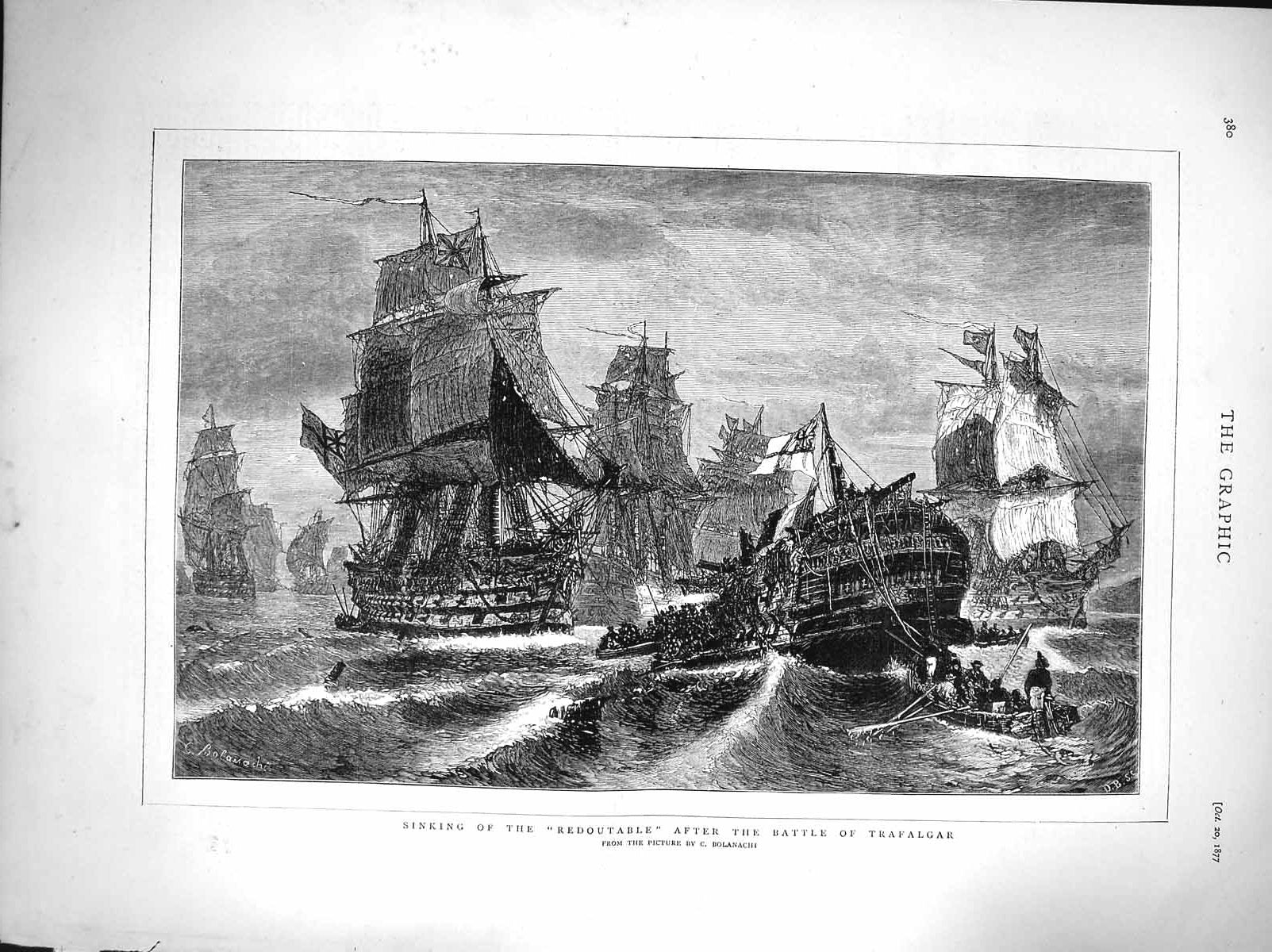 Old Antique Print 1877 Ship Sinking Redoutable Battle Trafalgar Bolanachi 19th