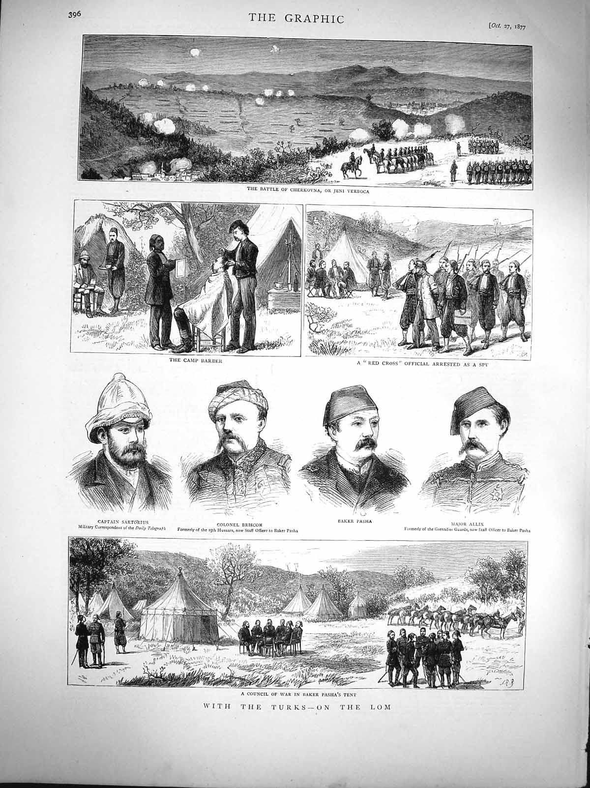 Original Old Antique Print 1877 Turkish Siers War Lom Pasha Verboca Allix Camp