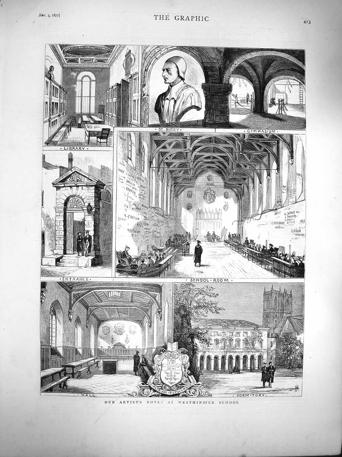 Old Antique Print 1877 Westminstr School Busby Gymnasium Dormitory Hall 19th