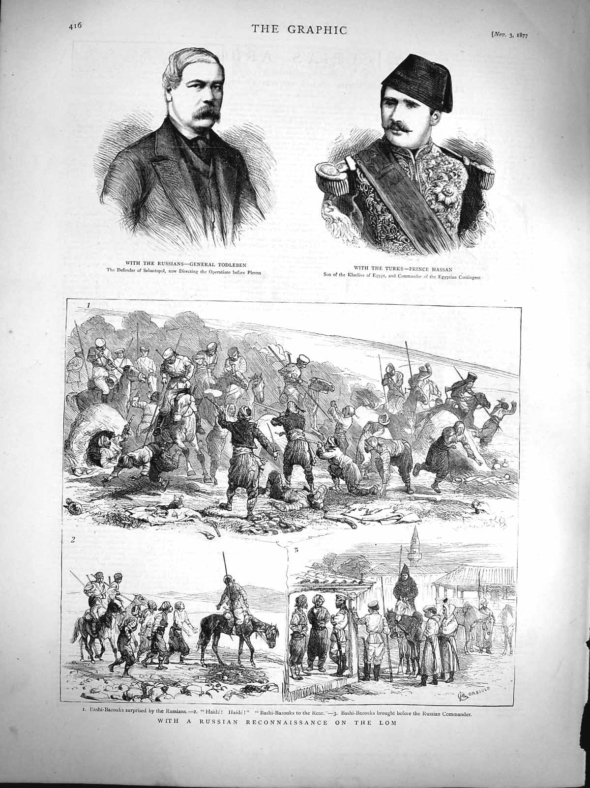 Old Antique Print 1877 General Todleben Prince Hassan Bashi-Bazouks War 19th