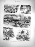 Original Old Antique Print 1877 Angling Fishing Nova Scotia River Boats Rods
