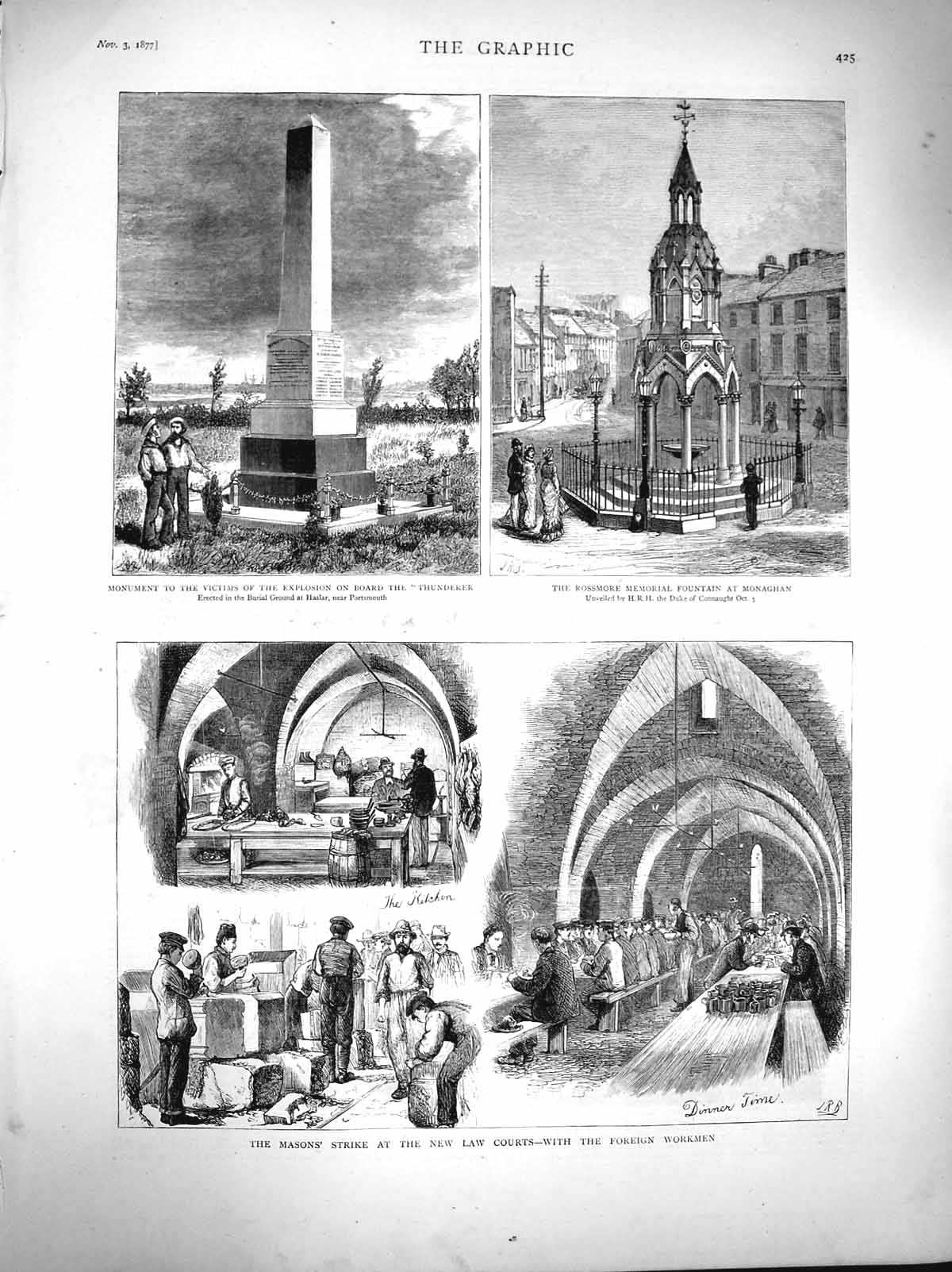 Old Antique Print 1877 Masons Strike Law Courts Rossmore Memorial Haslar 19th